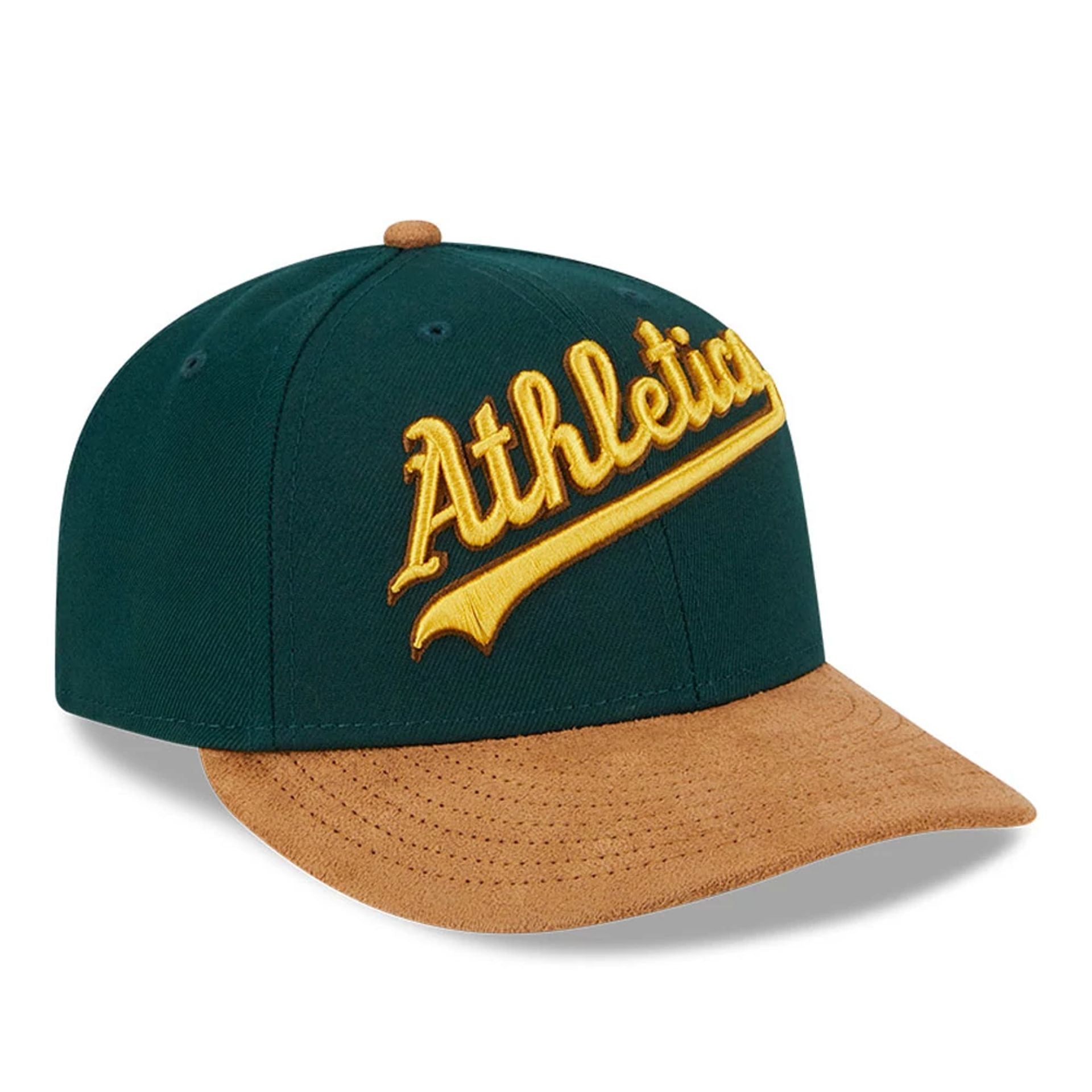 This is a Oakland Athletics Suede Visor Dark Green Low Profile 59FIFTY Fitted Cap 1