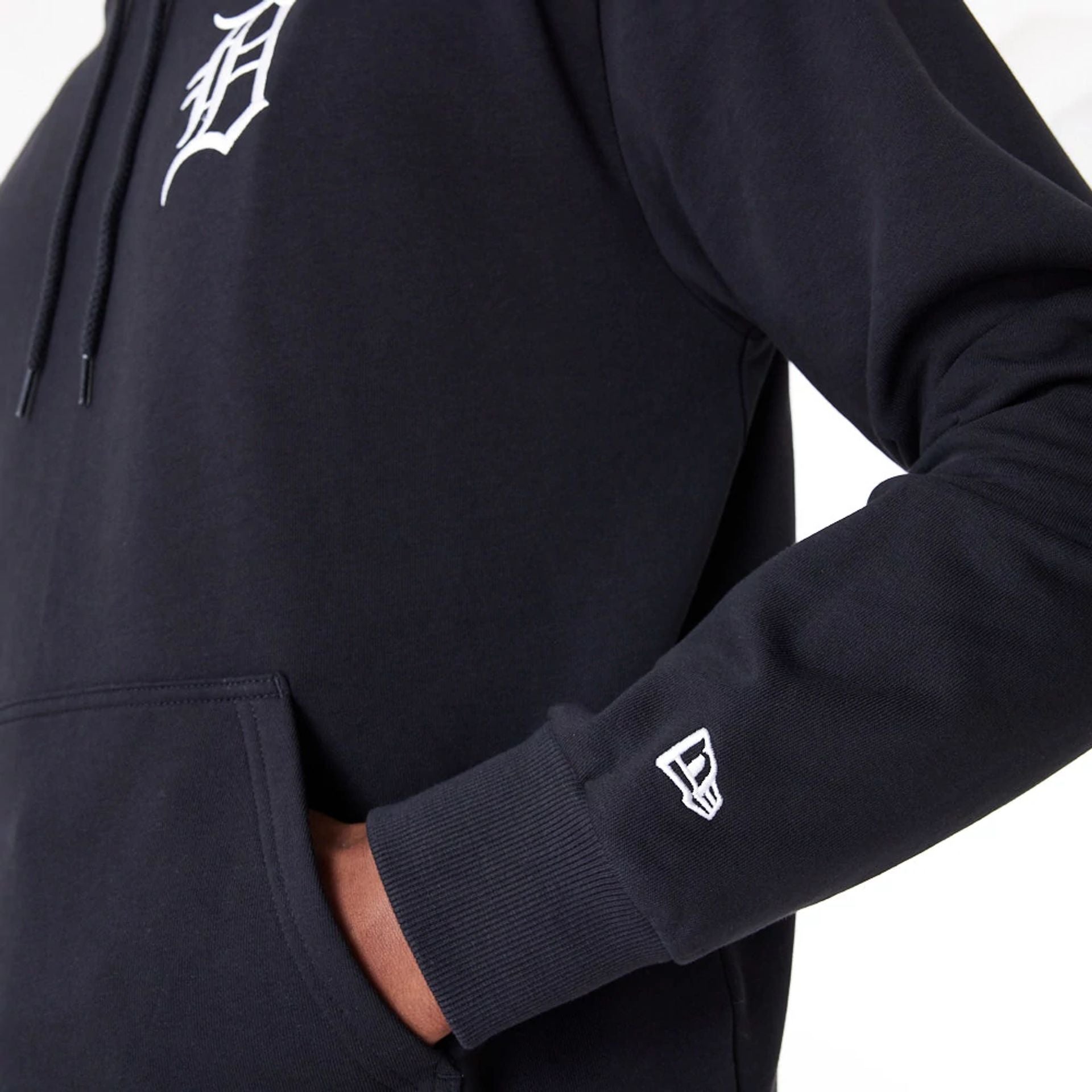 The Male model is wearing Detroit Tigers League Essential Black Oversized Pullover Hoodie 8