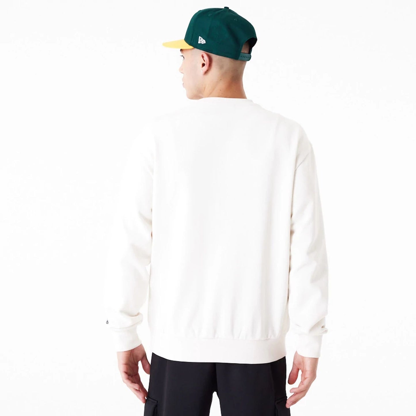 The Male model is wearing Oakland Athletics MLB Lifestyle Off White Crew Neck Sweatshirt 4