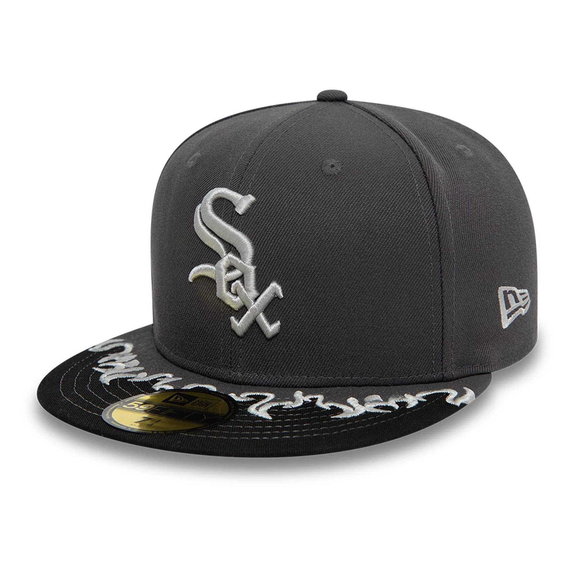 This is a Chicago White Sox MLB Flame Visor Dark Grey 59FIFTY Fitted Cap 1