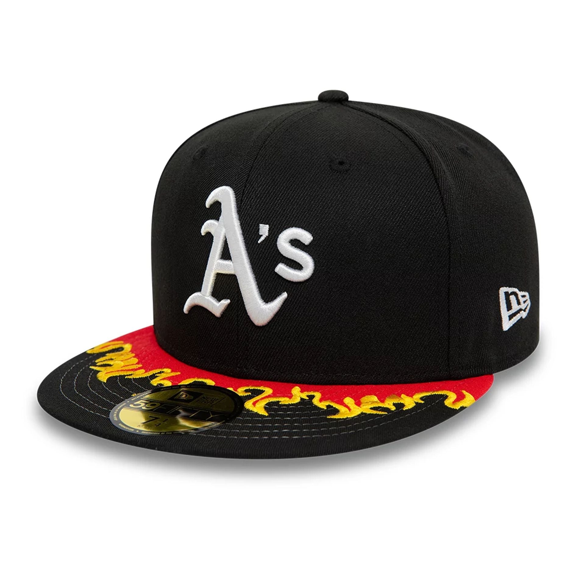 This is a Oakland Athletics MLB Flame Visor Black 59FIFTY Fitted Cap 1