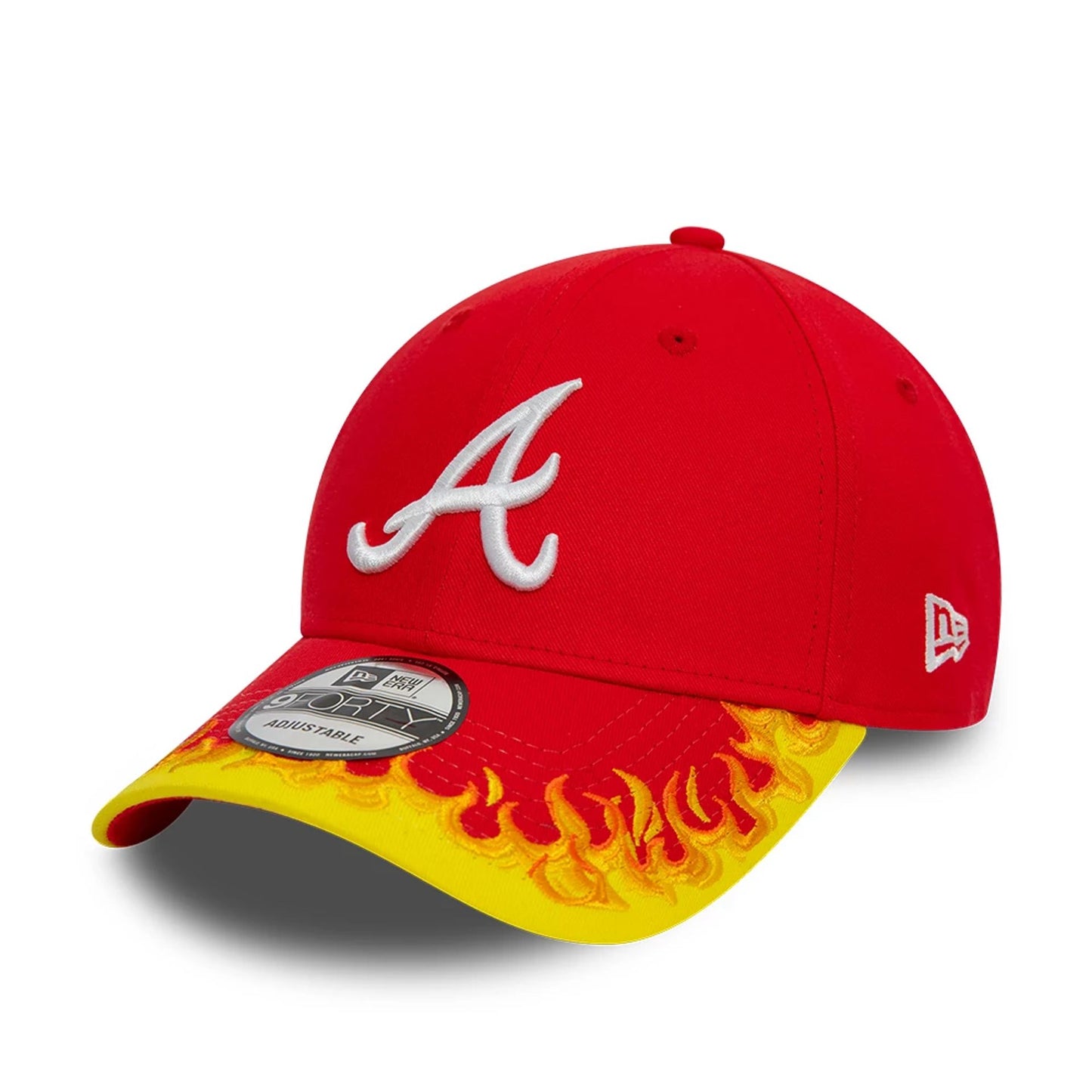 This is a Atlanta Braves MLB Flame Visor Red 9FORTY Adjustable Cap 1