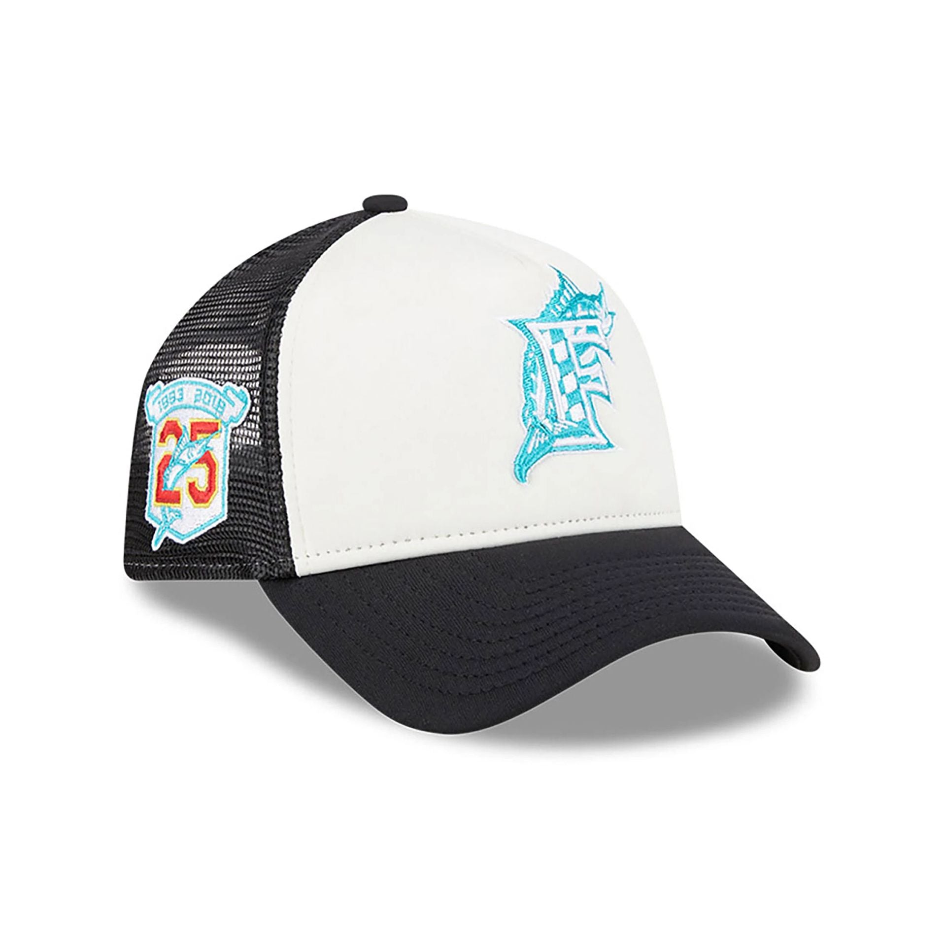 This is a Miami Marlins Check Flag Black 9FORTY A-Frame Adjustable Trucker Cap 1