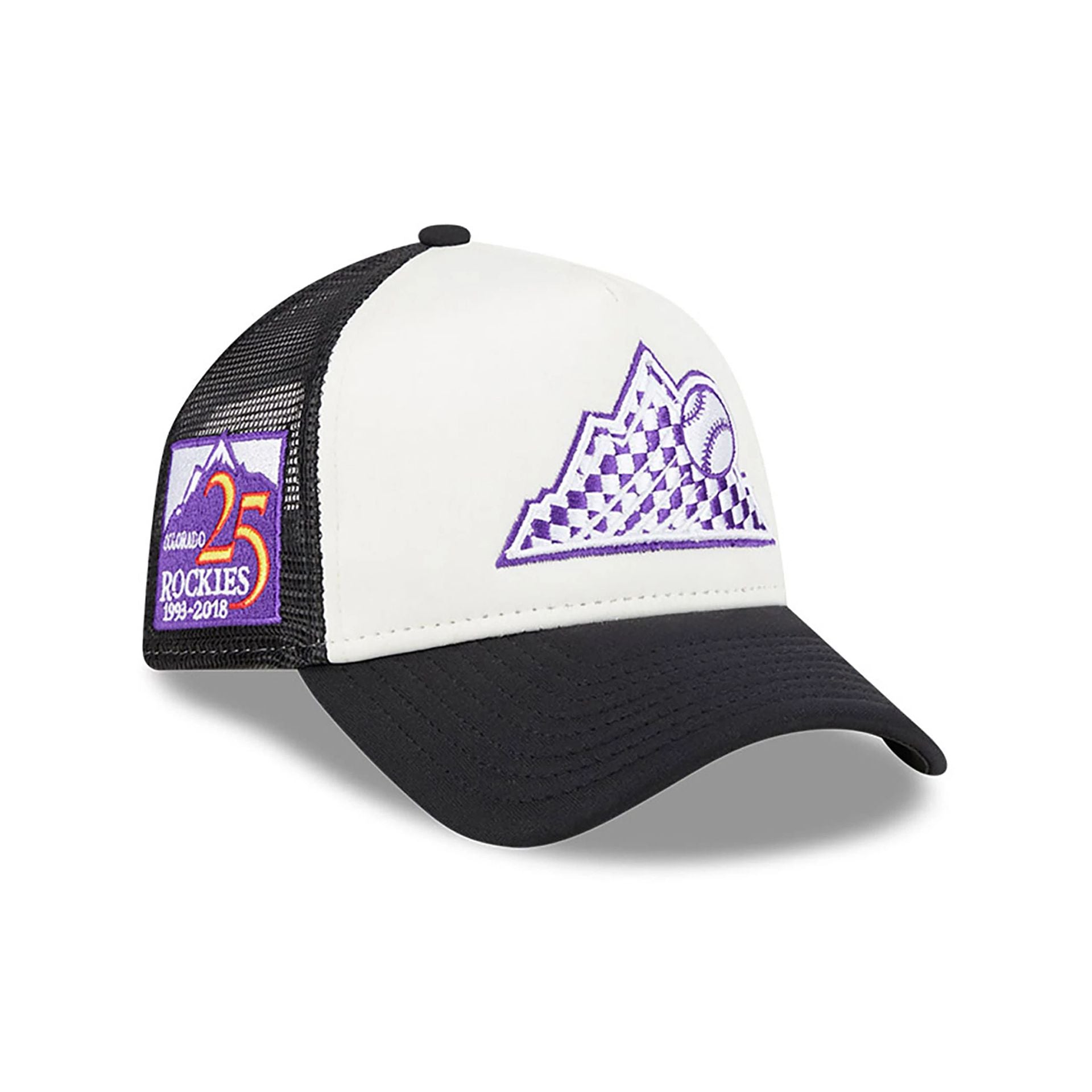 This is a Colorado Rockies Check Flag Black 9FORTY A-Frame Adjustable Trucker Cap 1