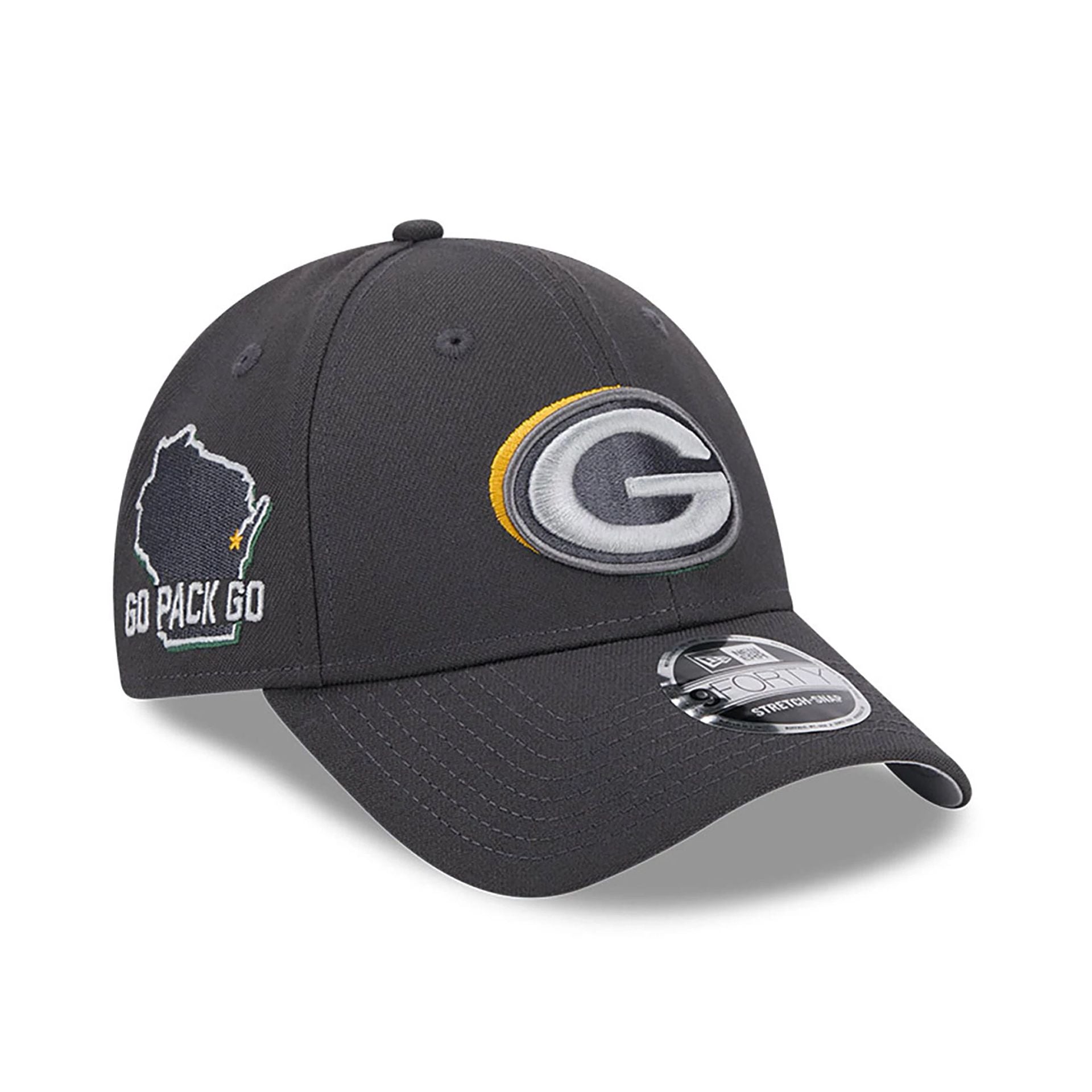 This is a Green Bay Packers NFL Draft 2024 Dark Grey 9FORTY Stretch-Snap Cap 1