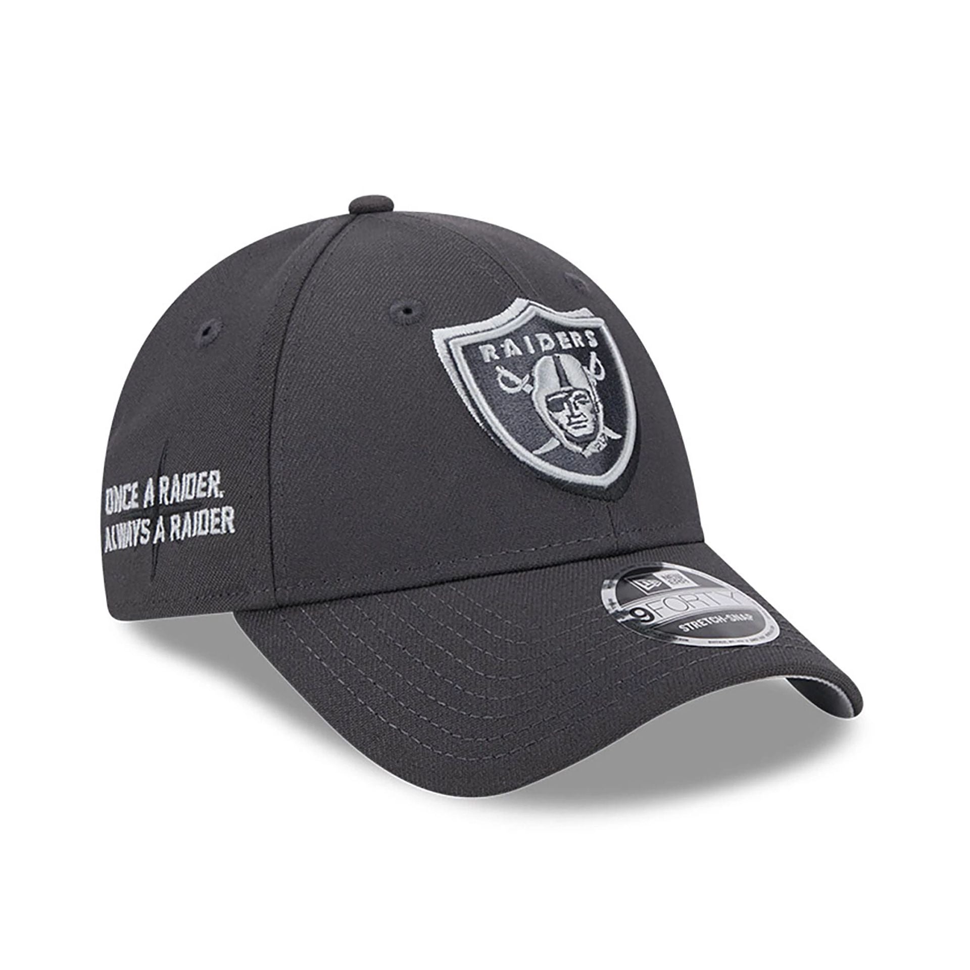 This is a Las Vegas Raiders NFL Draft 2024 Dark Grey 9FORTY Stretch-Snap Cap 1