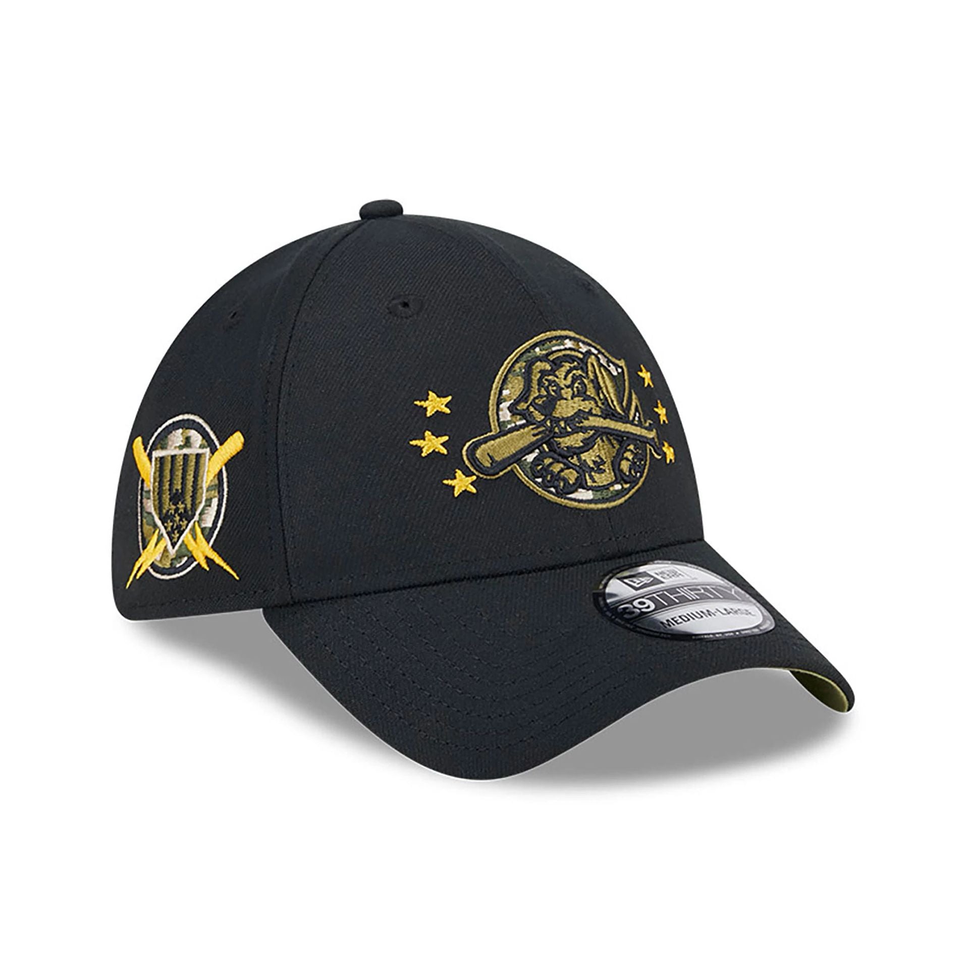 This is a Charleston River Dogs MiLB Armed Forces Day 2024 Black 39THIRTY Stretch Fit Cap 1