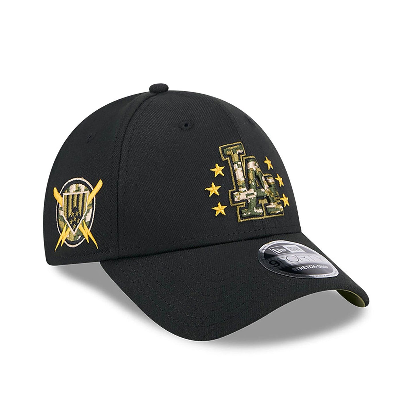 This is a LA Dodgers MLB Armed Forces Day 2024 Black 9FORTY Stretch Snap Cap 1