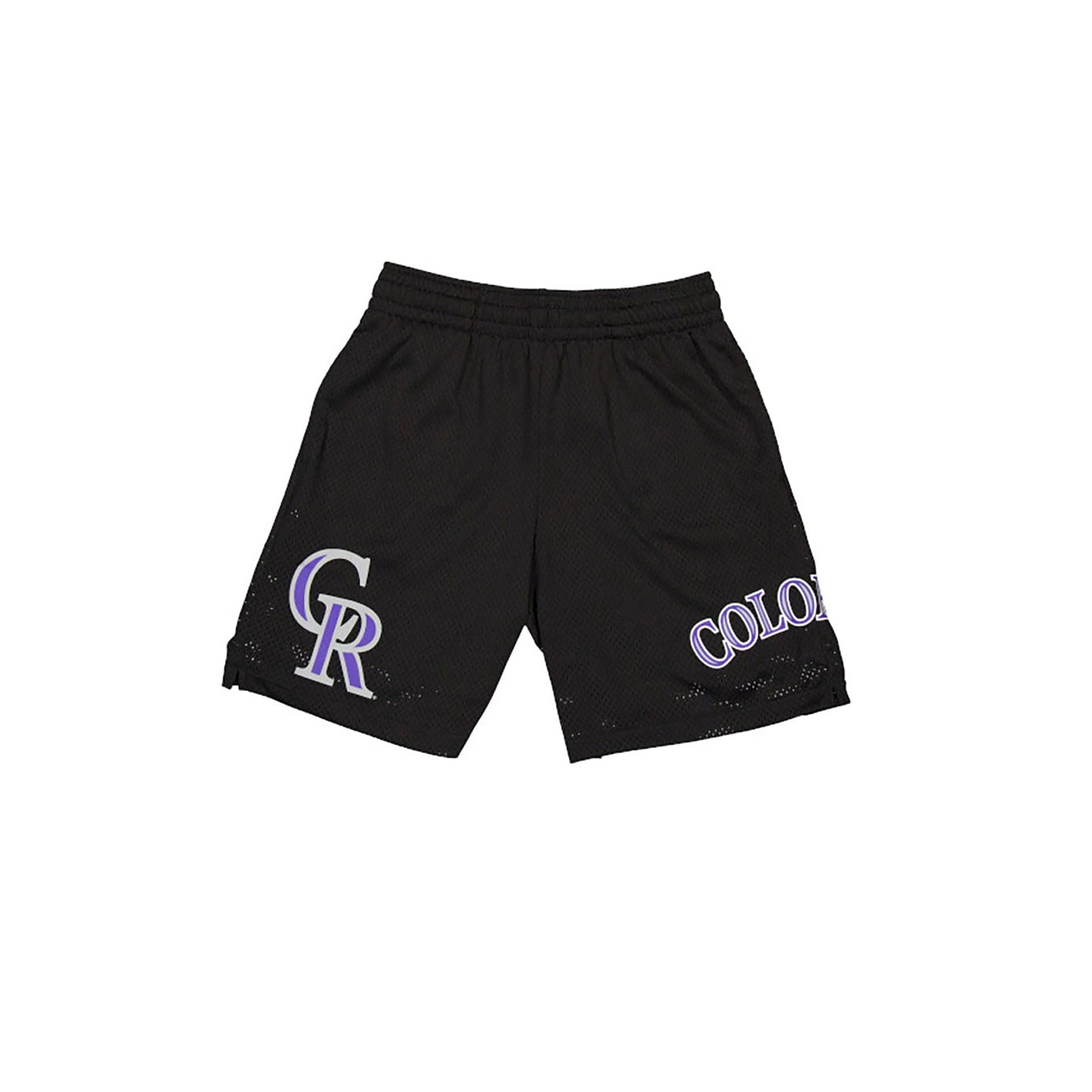 The Male model is wearing Colorado Rockies MLB Custom Black Mesh Shorts 1