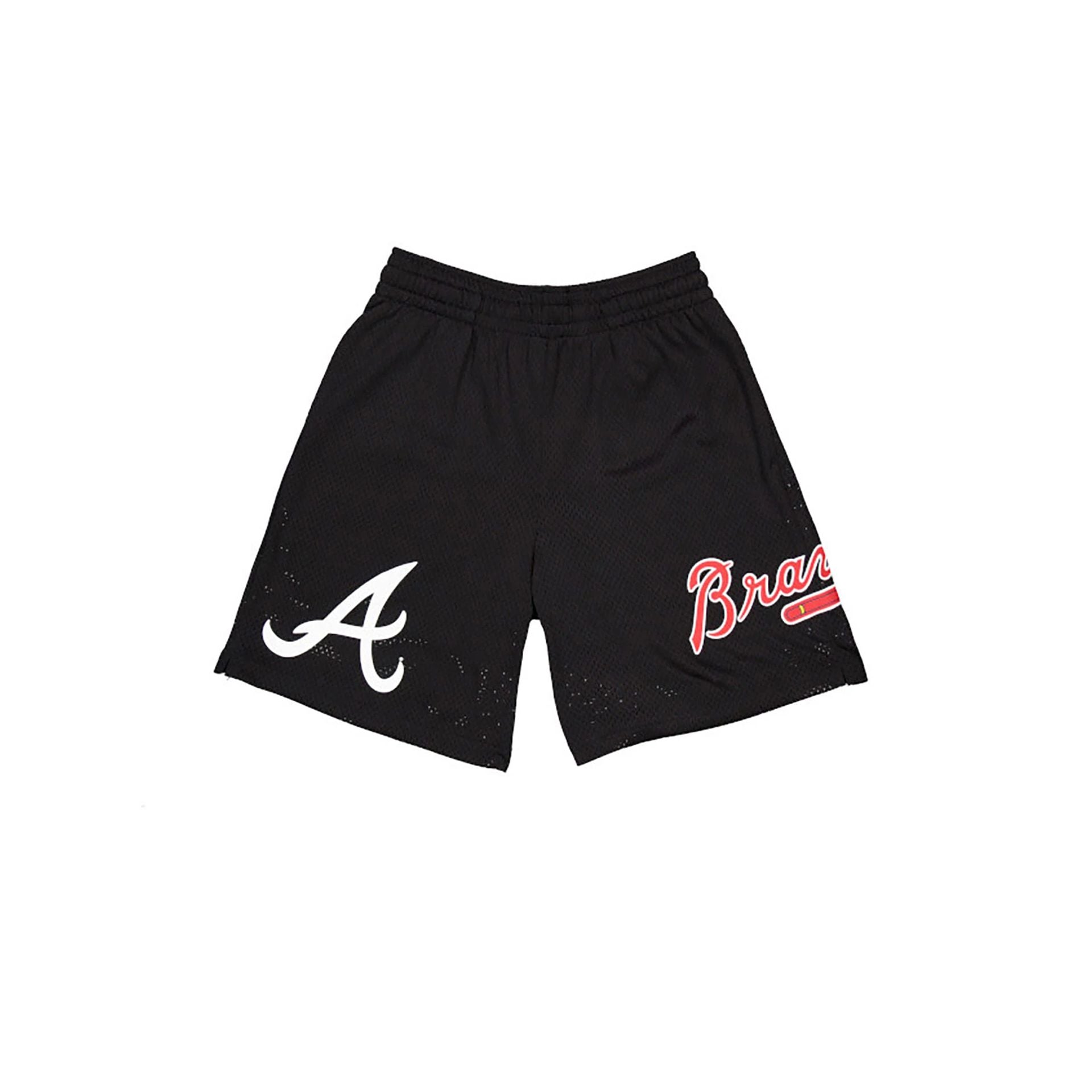 The Male model is wearing Atlanta Braves MLB Custom Black Mesh Shorts 1