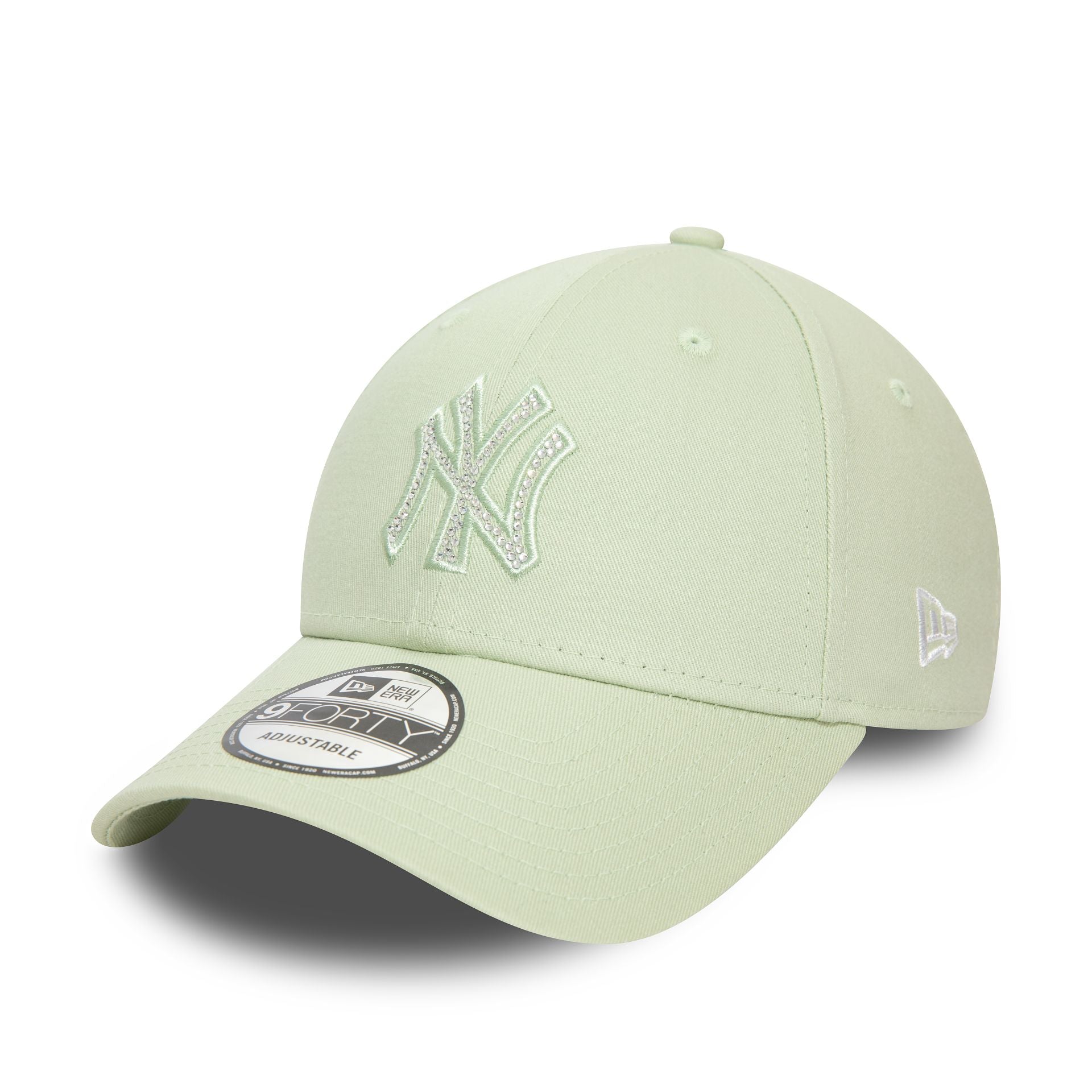 This is a New York Yankees MLB Icy Rhinestone Pastel Green 9FORTY Adjustable Cap 1