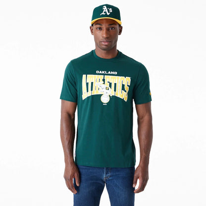 The Male model is wearing Oakland Athletics MLB Arch Wordmark Graphic Dark Green T-Shirt 1