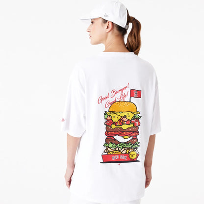 The Male model is wearing Boston Red Sox MLB Burger Graphic White Oversized T-Shirt 2