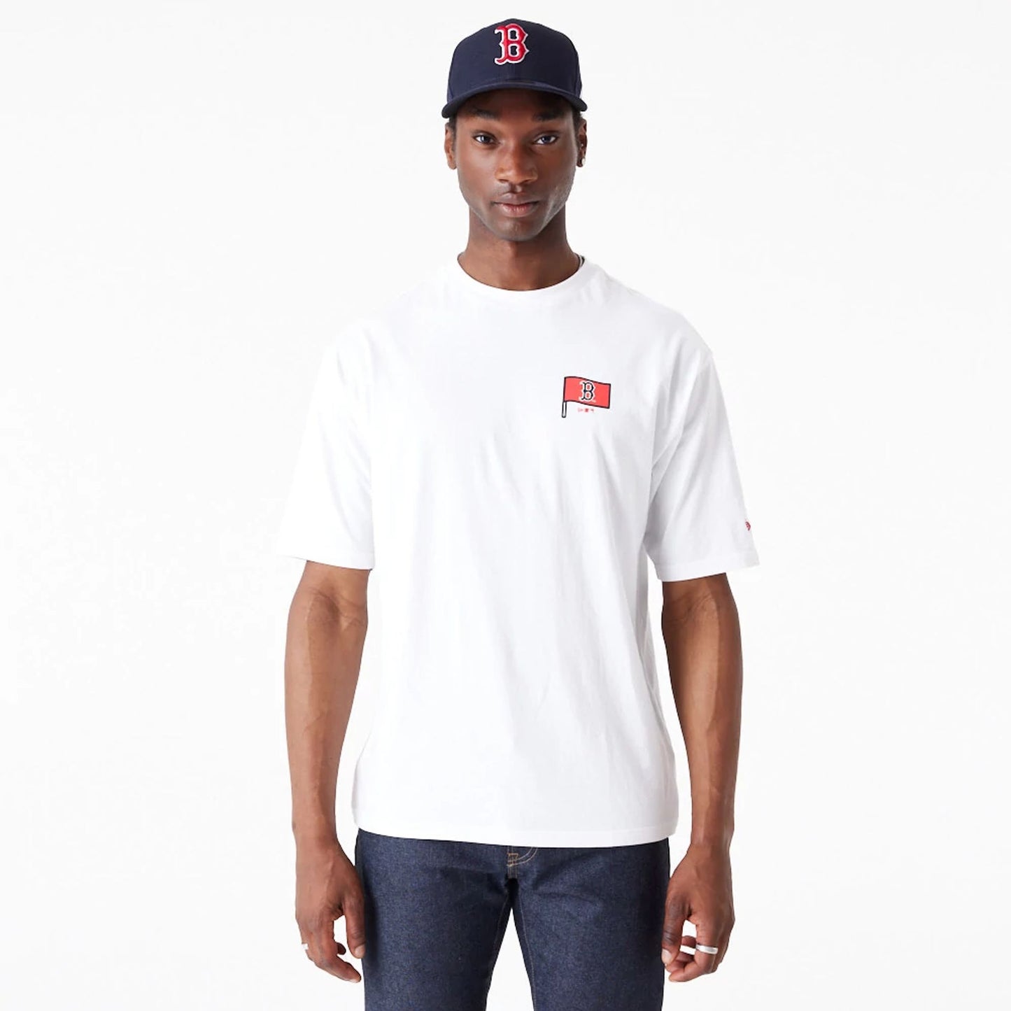 The Male model is wearing Boston Red Sox MLB Burger Graphic White Oversized T-Shirt 3