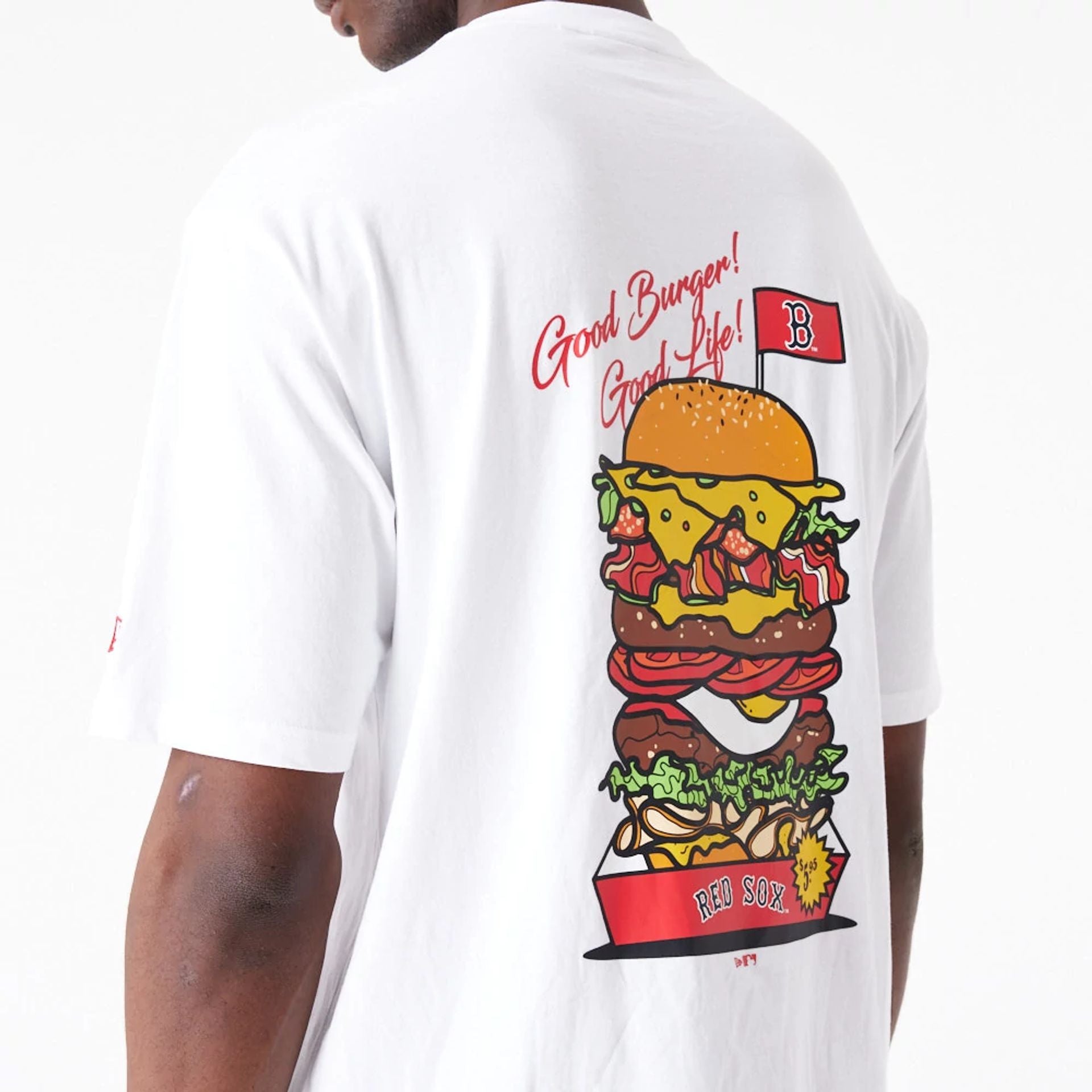 The Male model is wearing Boston Red Sox MLB Burger Graphic White Oversized T-Shirt 4