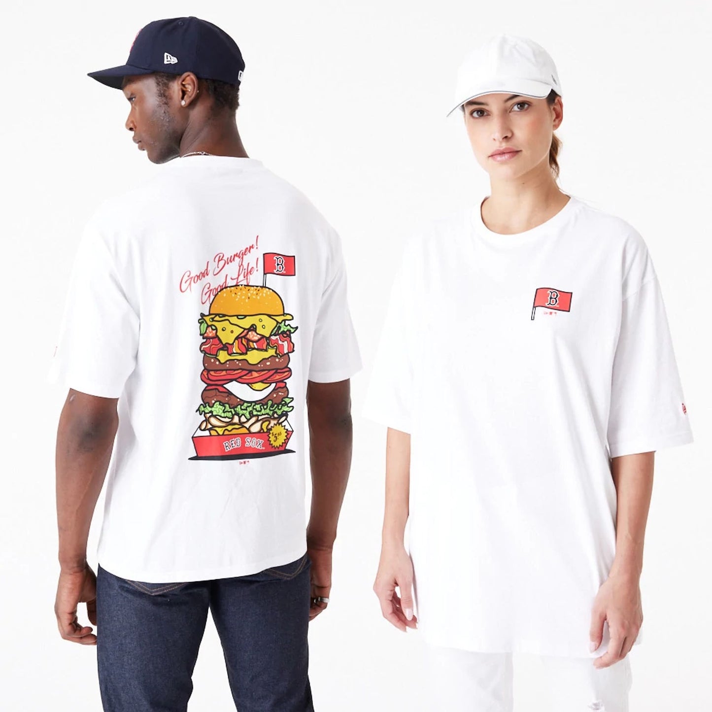 The Male model is wearing Boston Red Sox MLB Burger Graphic White Oversized T-Shirt 1