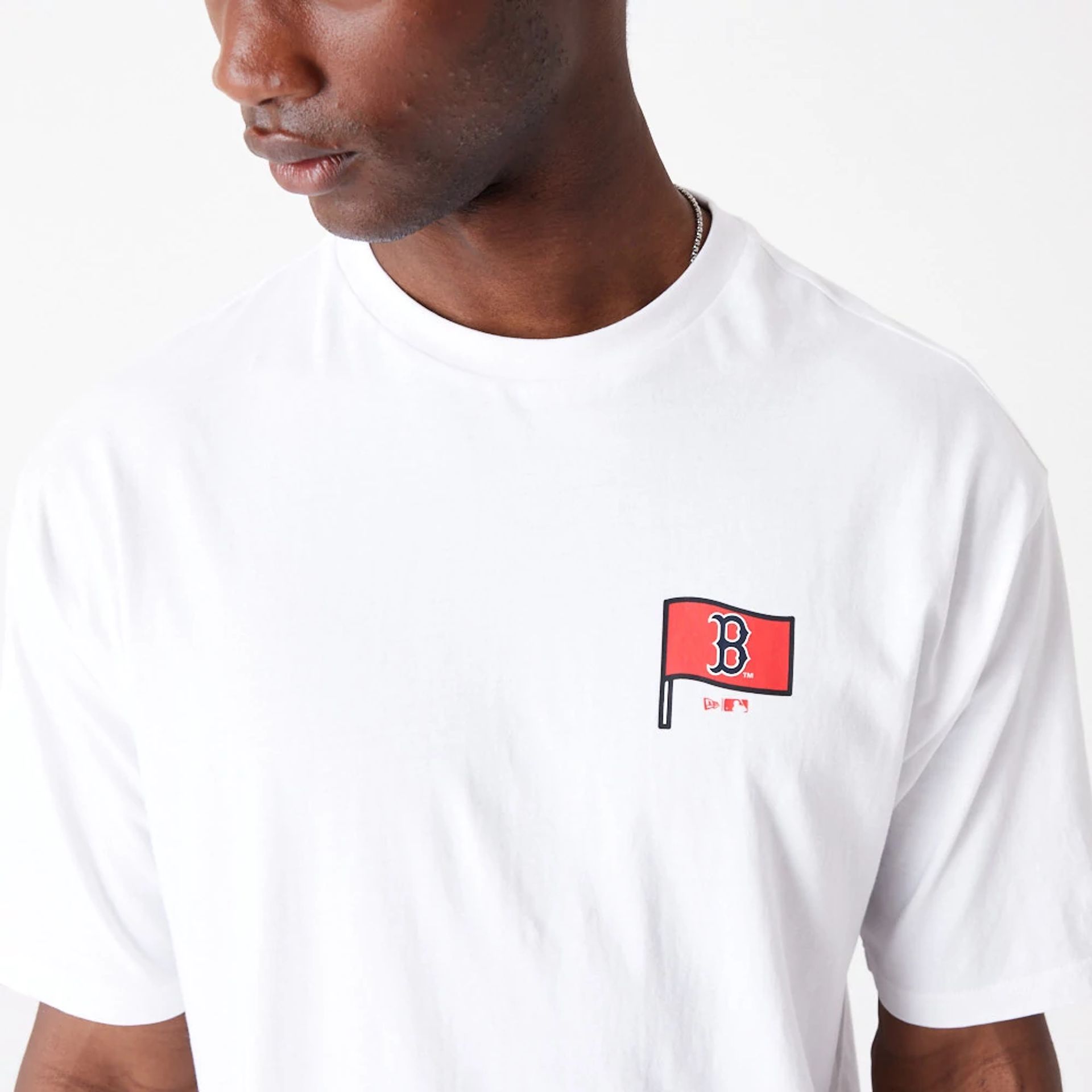 The Male model is wearing Boston Red Sox MLB Burger Graphic White Oversized T-Shirt 6