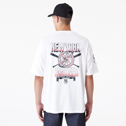 The Male model is wearing New York Yankees Baseball Oversized Graphic White T-Shirt 2