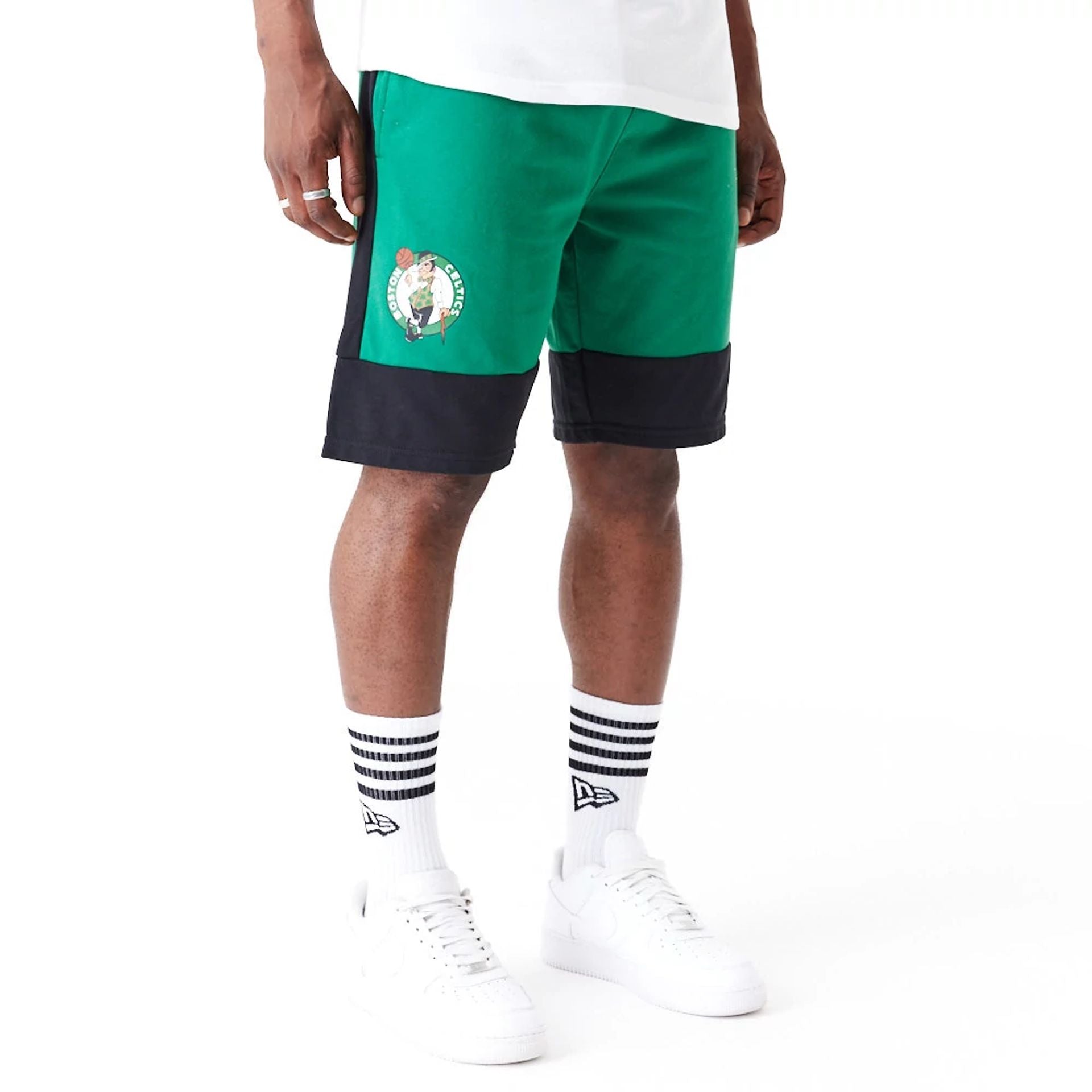 The Male model is wearing Boston Celtics NBA Colour Block Green Shorts 1