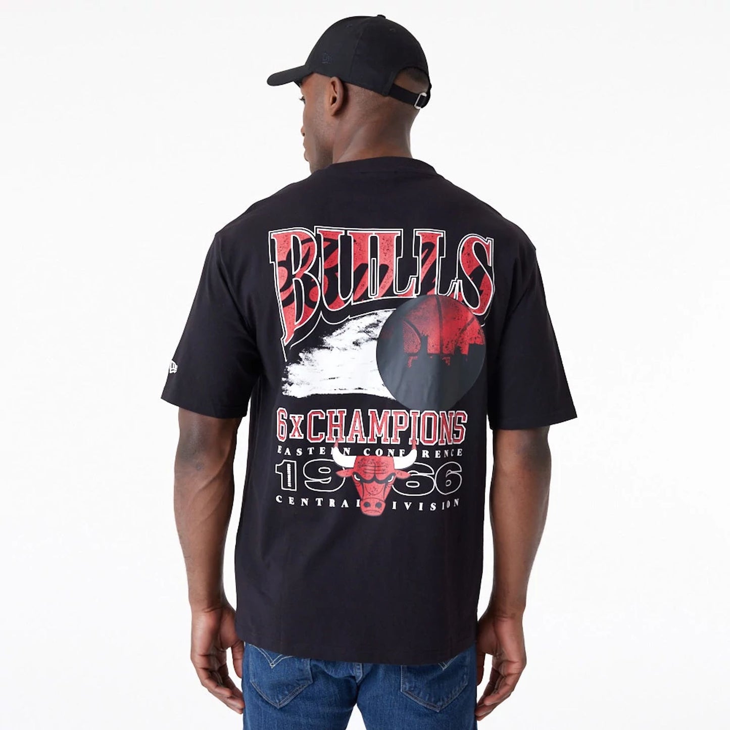 The Male model is wearing Chicago Bulls NBA Championship Black Oversized T-Shirt 2