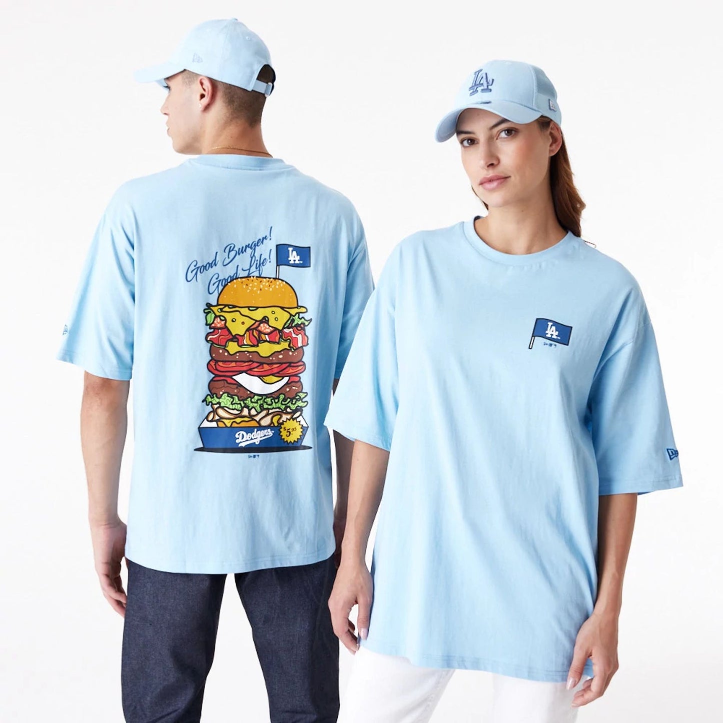 The Male model is wearing LA Dodgers MLB Burger Graphic Pastel Blue Oversized T-Shirt 1