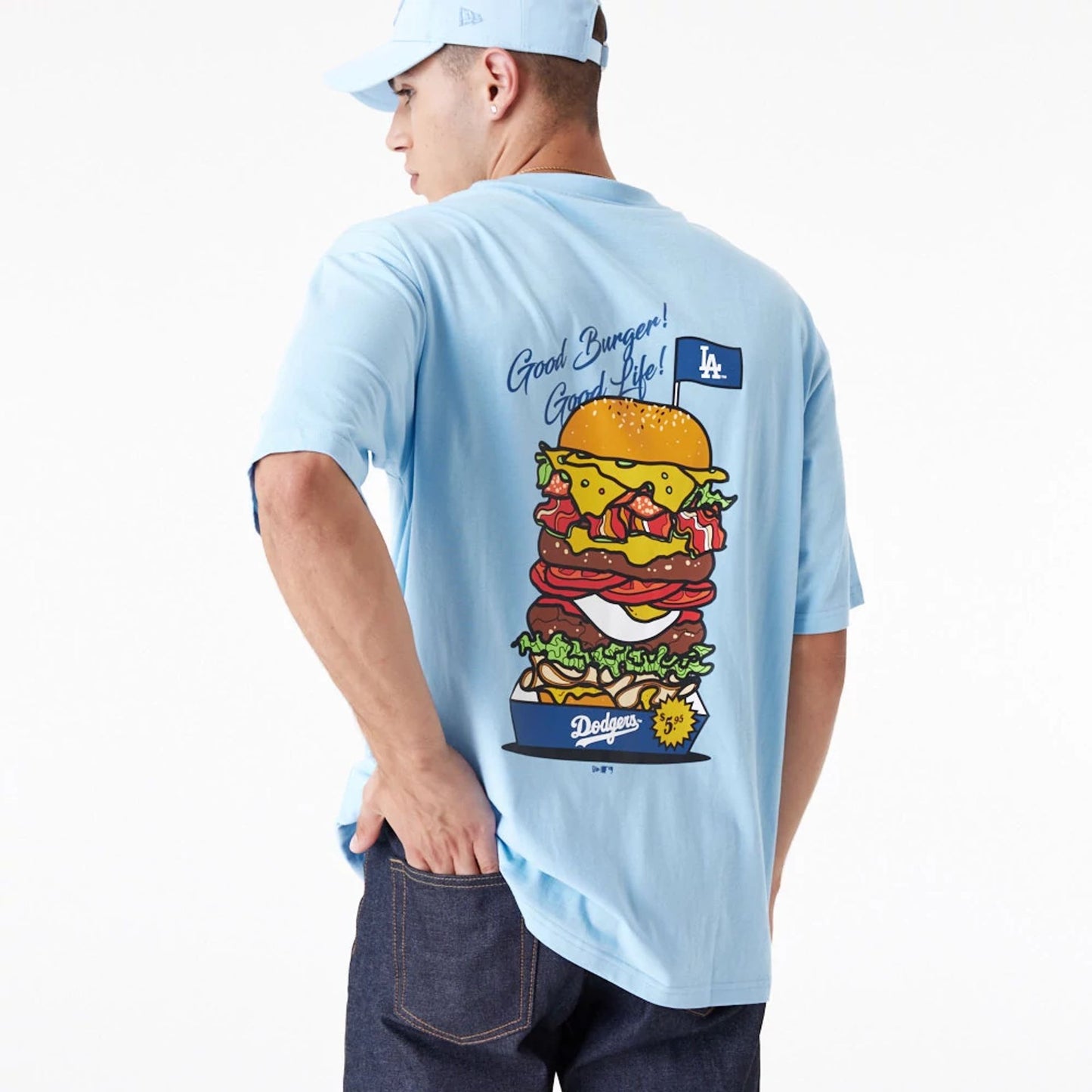 The Male model is wearing LA Dodgers MLB Burger Graphic Pastel Blue Oversized T-Shirt 6