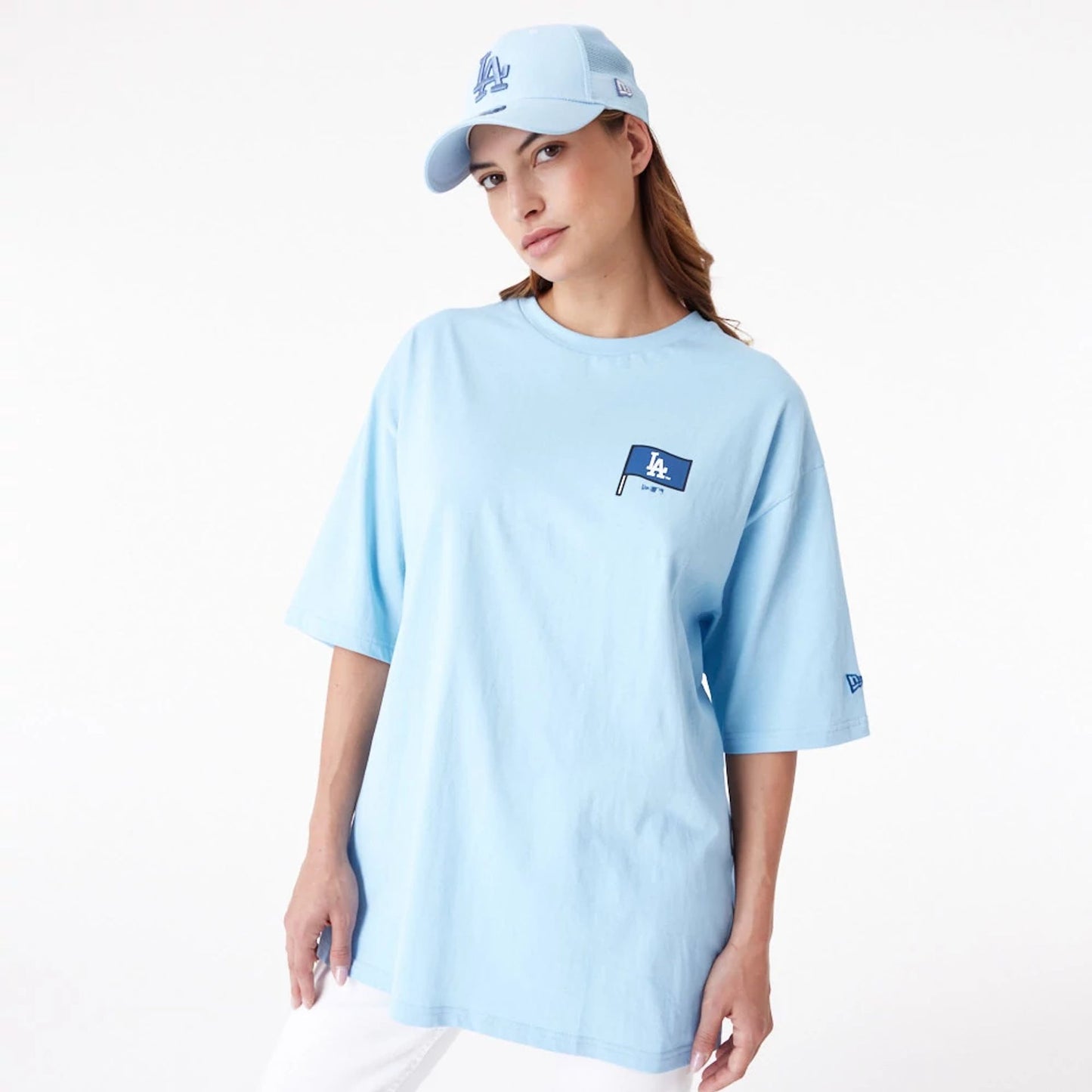 The Male model is wearing LA Dodgers MLB Burger Graphic Pastel Blue Oversized T-Shirt 7