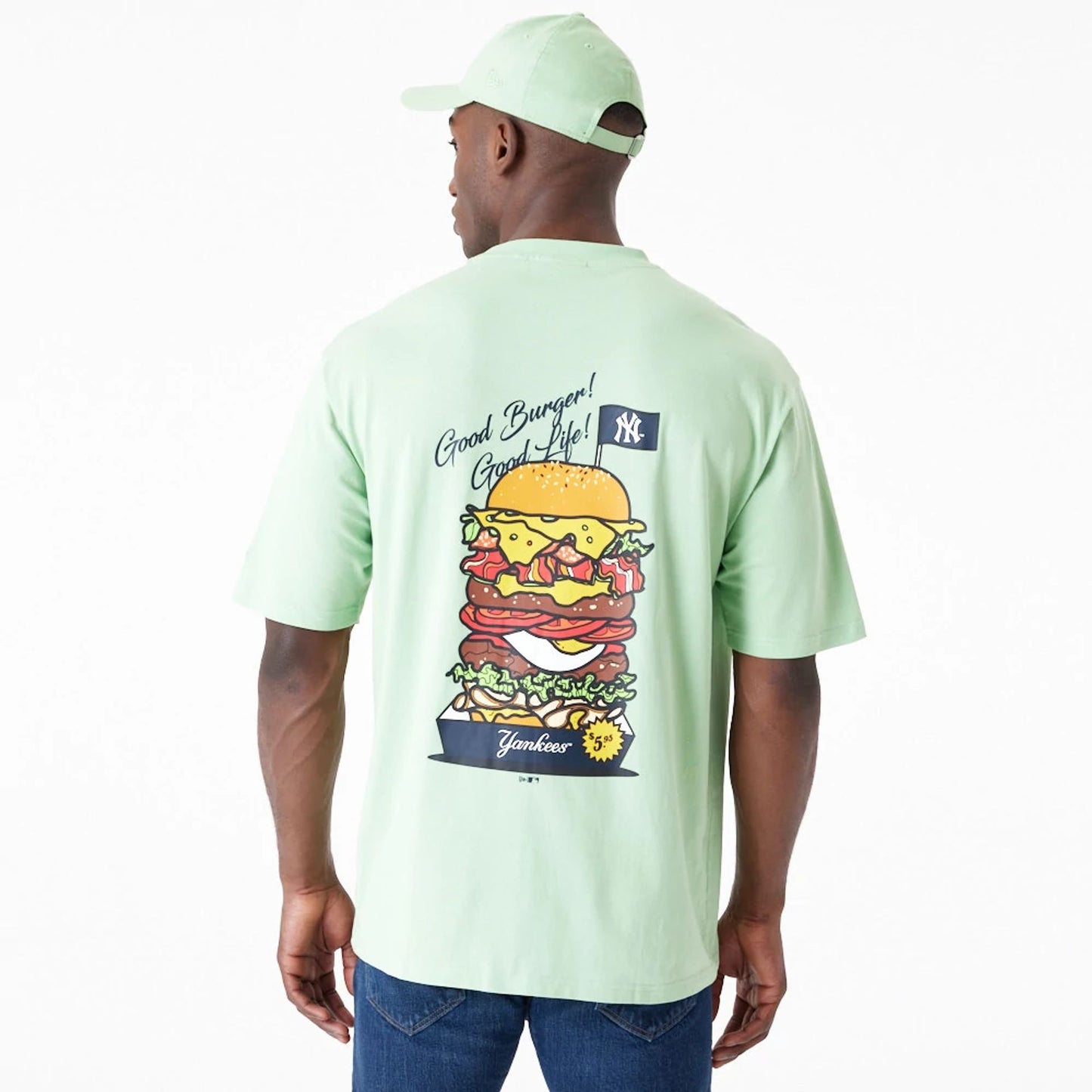 The Male model is wearing New York Yankees MLB Burger Graphic Bright Green Oversized T-Shirt 3