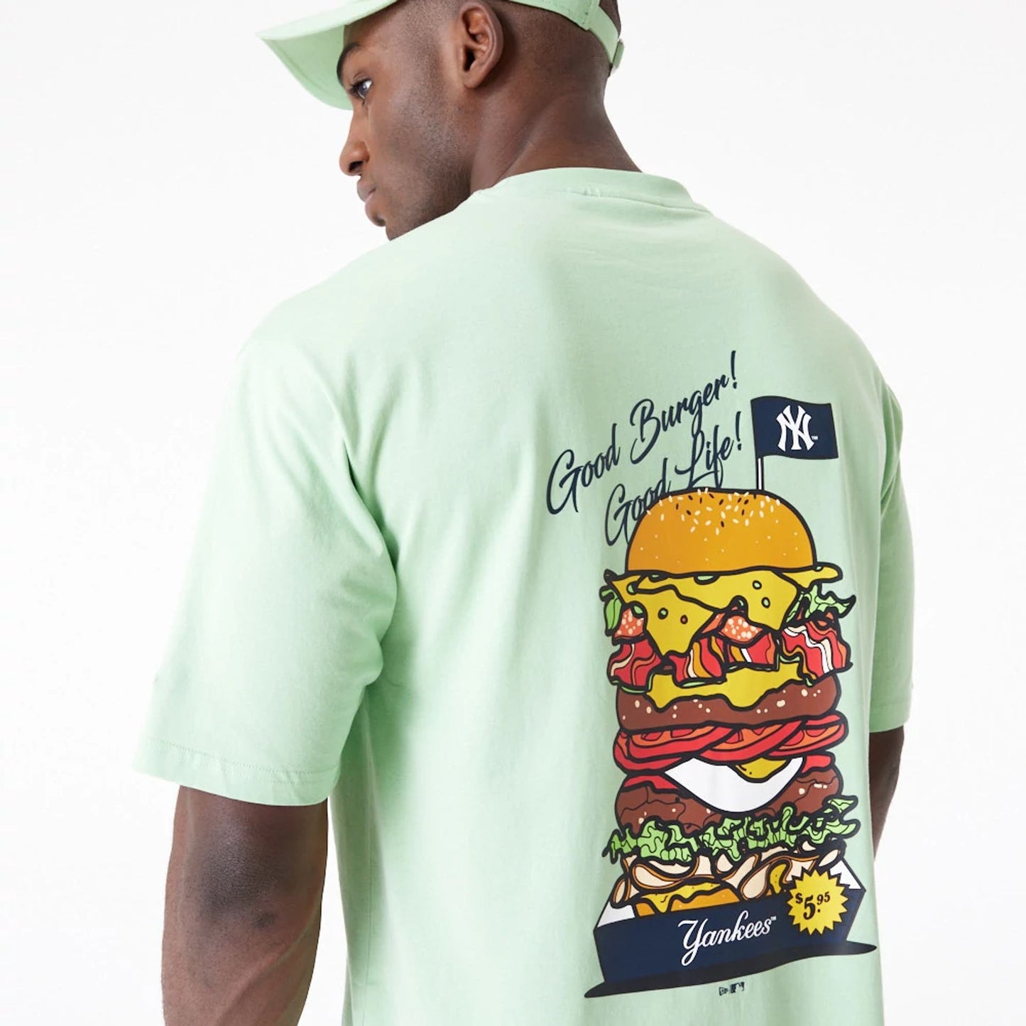 The Male model is wearing New York Yankees MLB Burger Graphic Bright Green Oversized T-Shirt 6