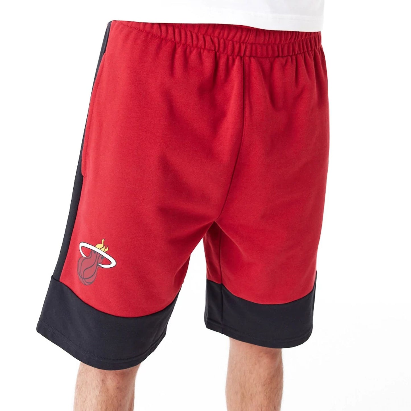 The Male model is wearing Miami Heat NBA Colour Block Dark Red Shorts 5