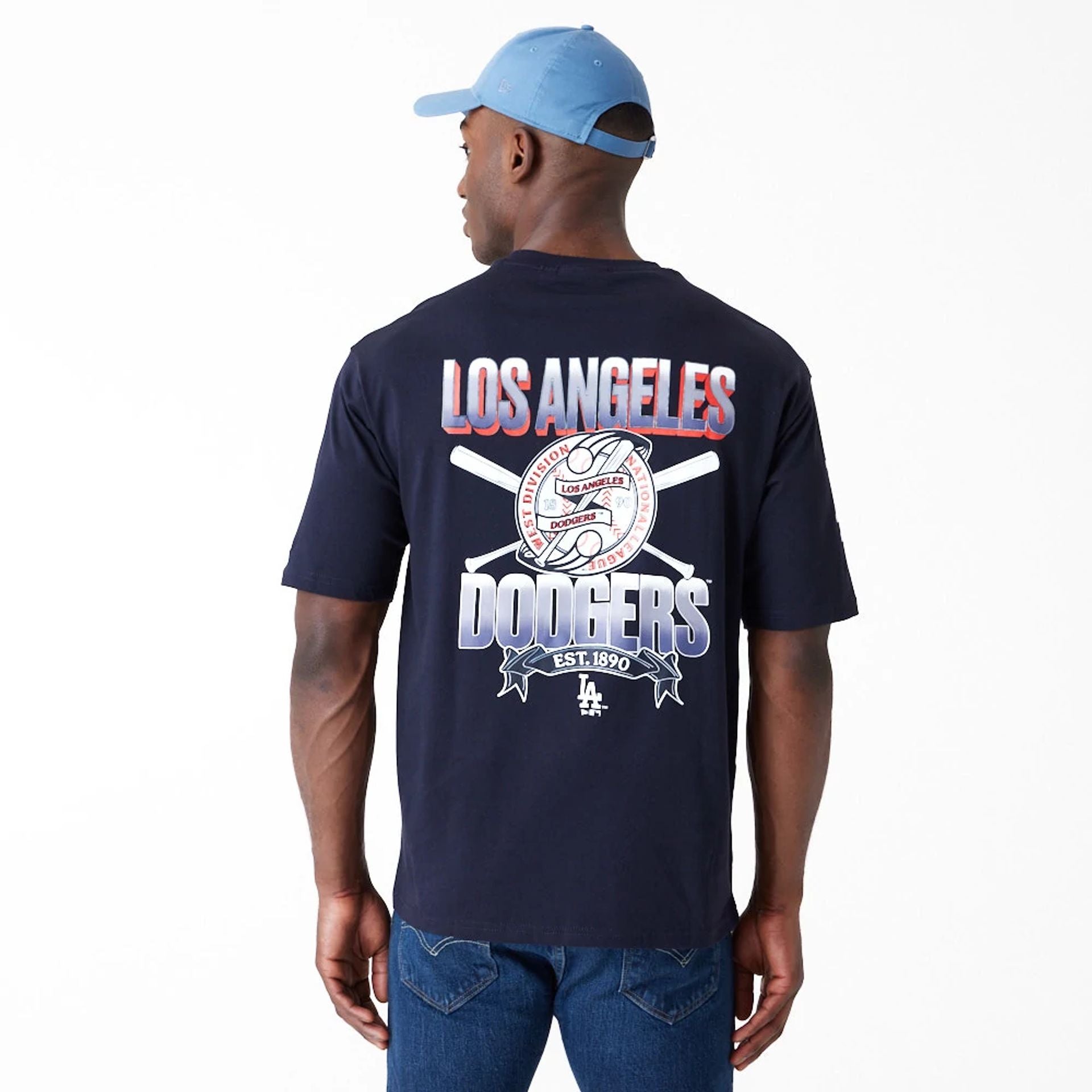 The Male model is wearing LA Dodgers Baseball Graphic Navy Oversized T-Shirt 2