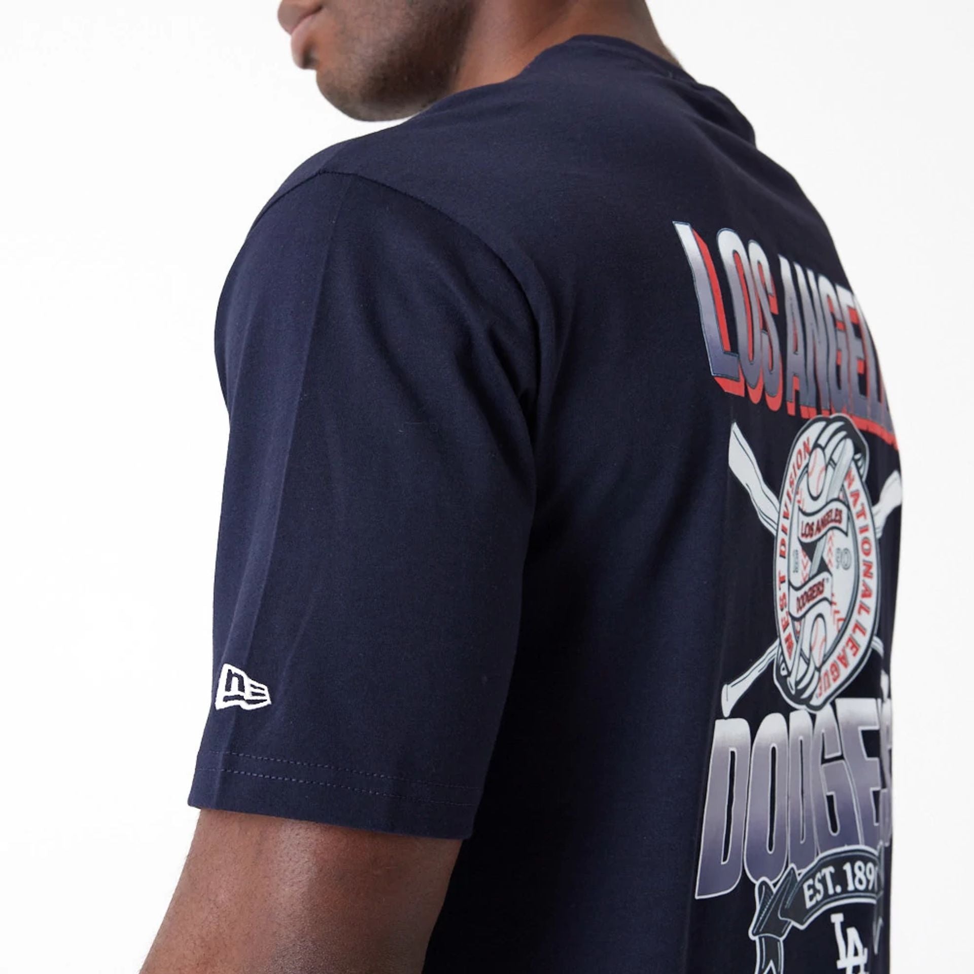 The Male model is wearing LA Dodgers Baseball Graphic Navy Oversized T-Shirt 3