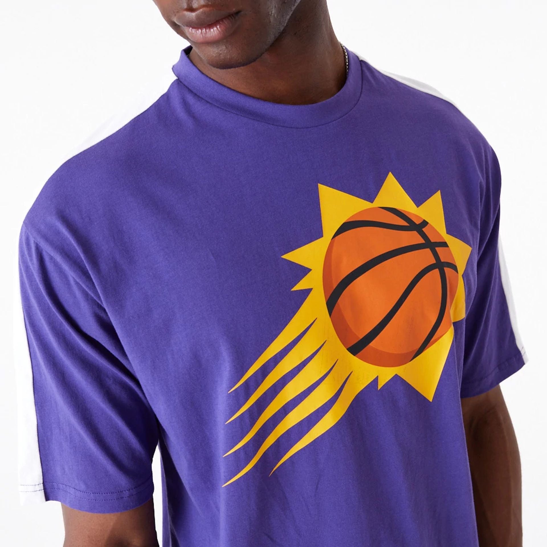 The Male model is wearing Phoenix Suns NBA Colour Block Dark Purple Oversized T-Shirt 3