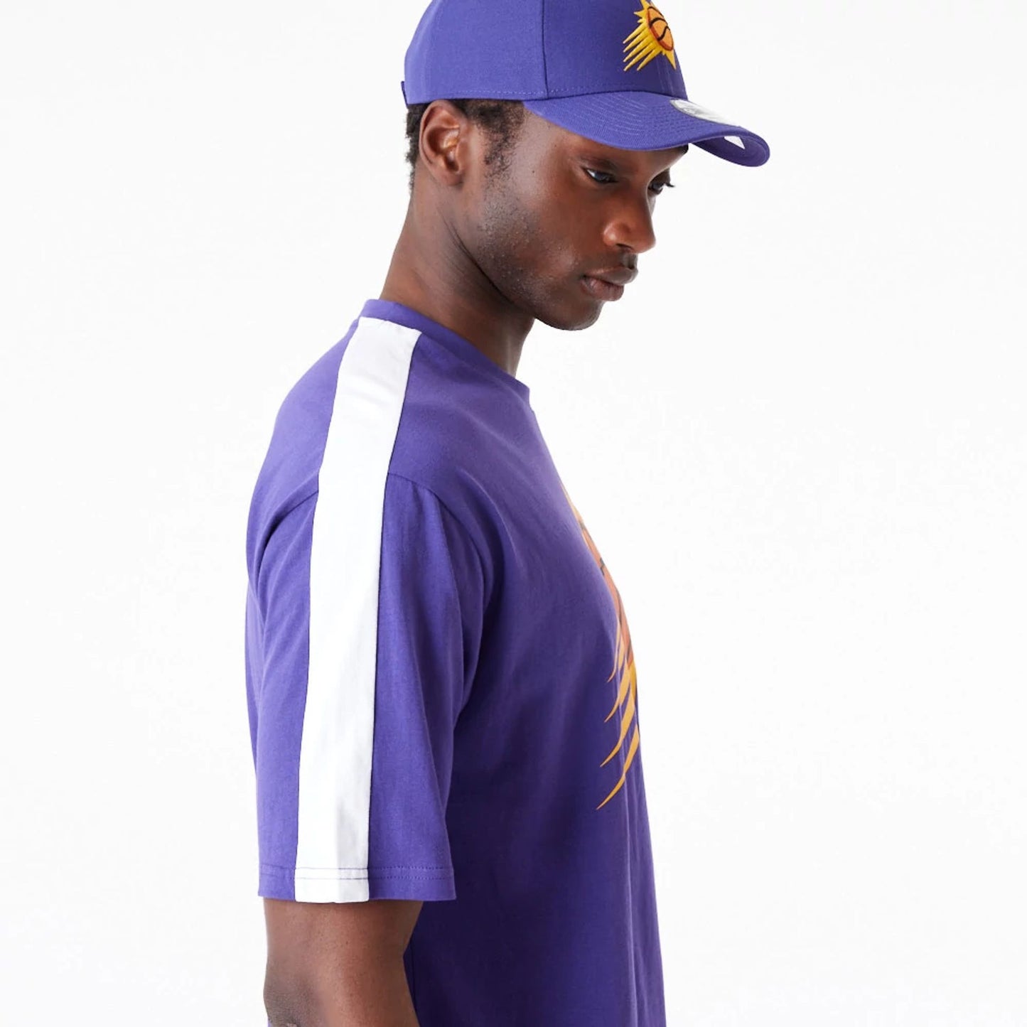 The Male model is wearing Phoenix Suns NBA Colour Block Dark Purple Oversized T-Shirt 5