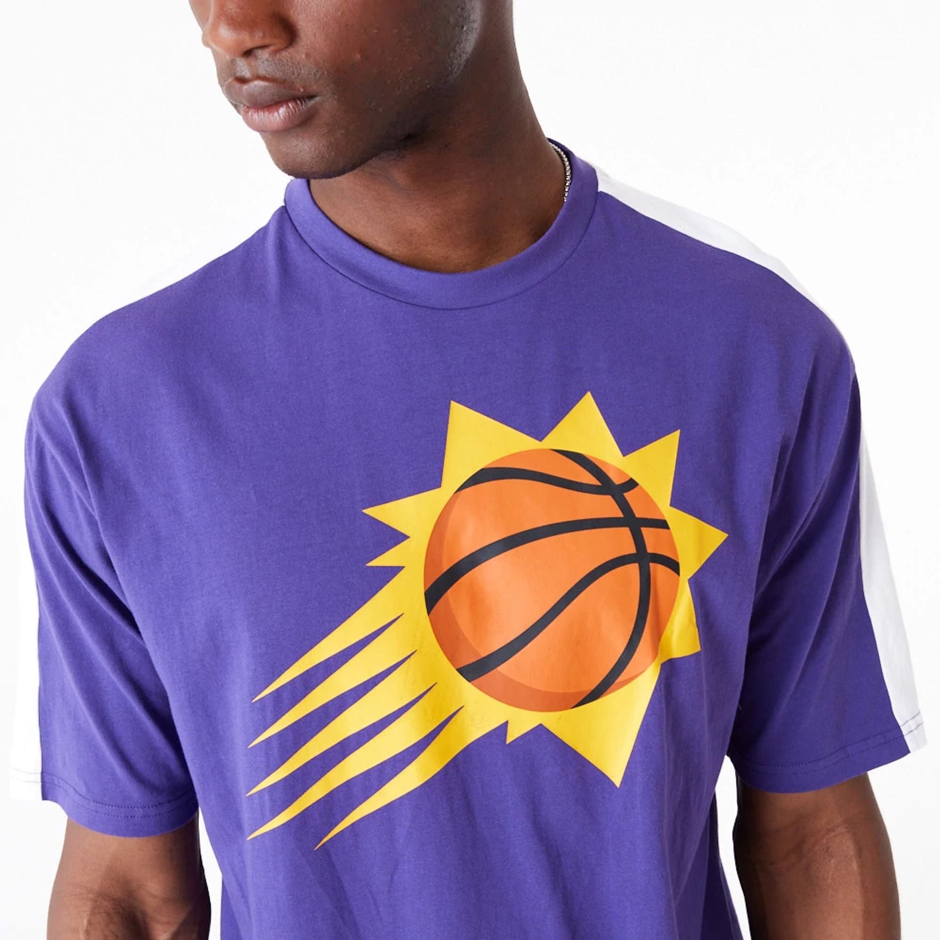 The Male model is wearing Phoenix Suns NBA Colour Block Dark Purple Oversized T-Shirt 7