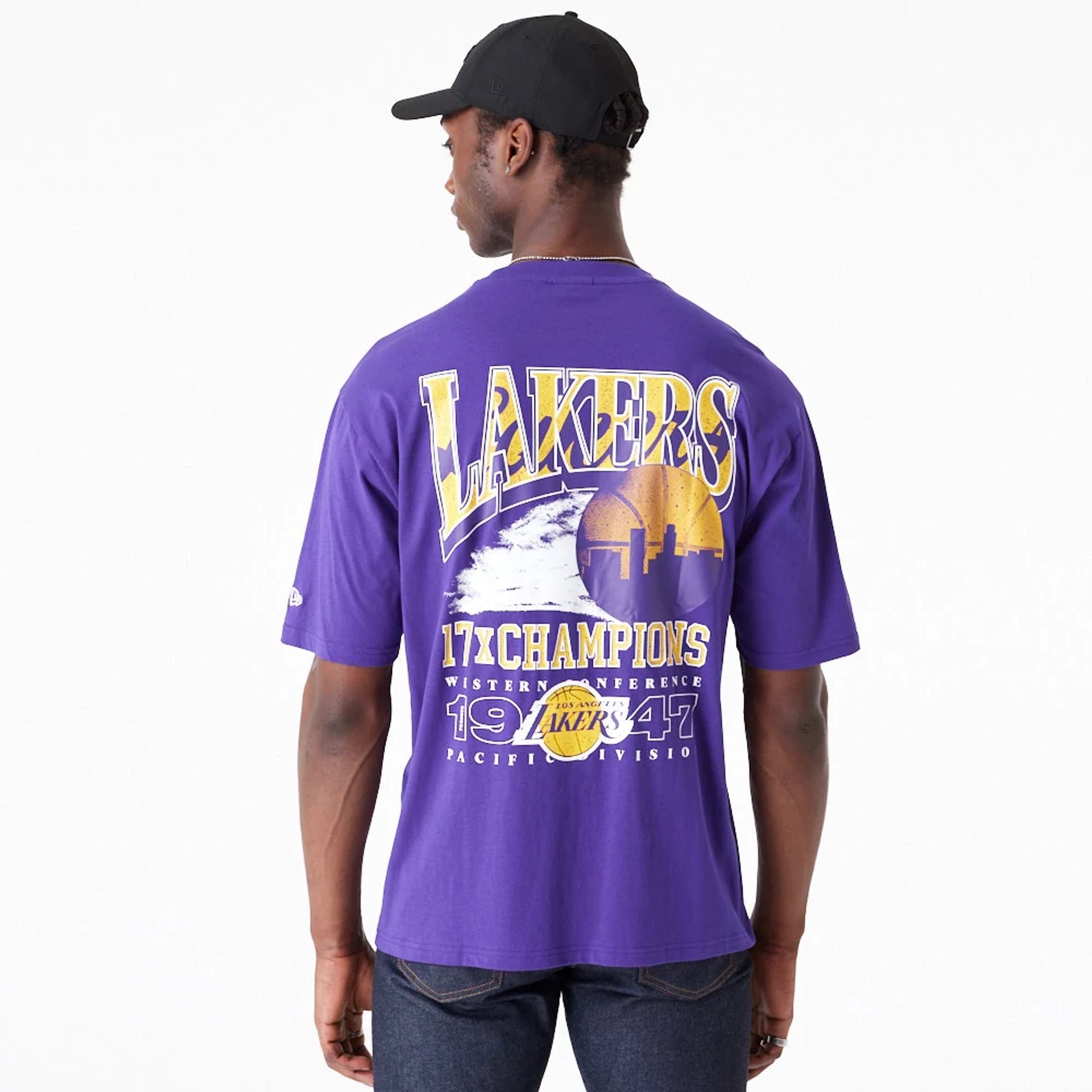 The Male model is wearing LA Lakers NBA Championship Purple Oversized T-Shirt 2