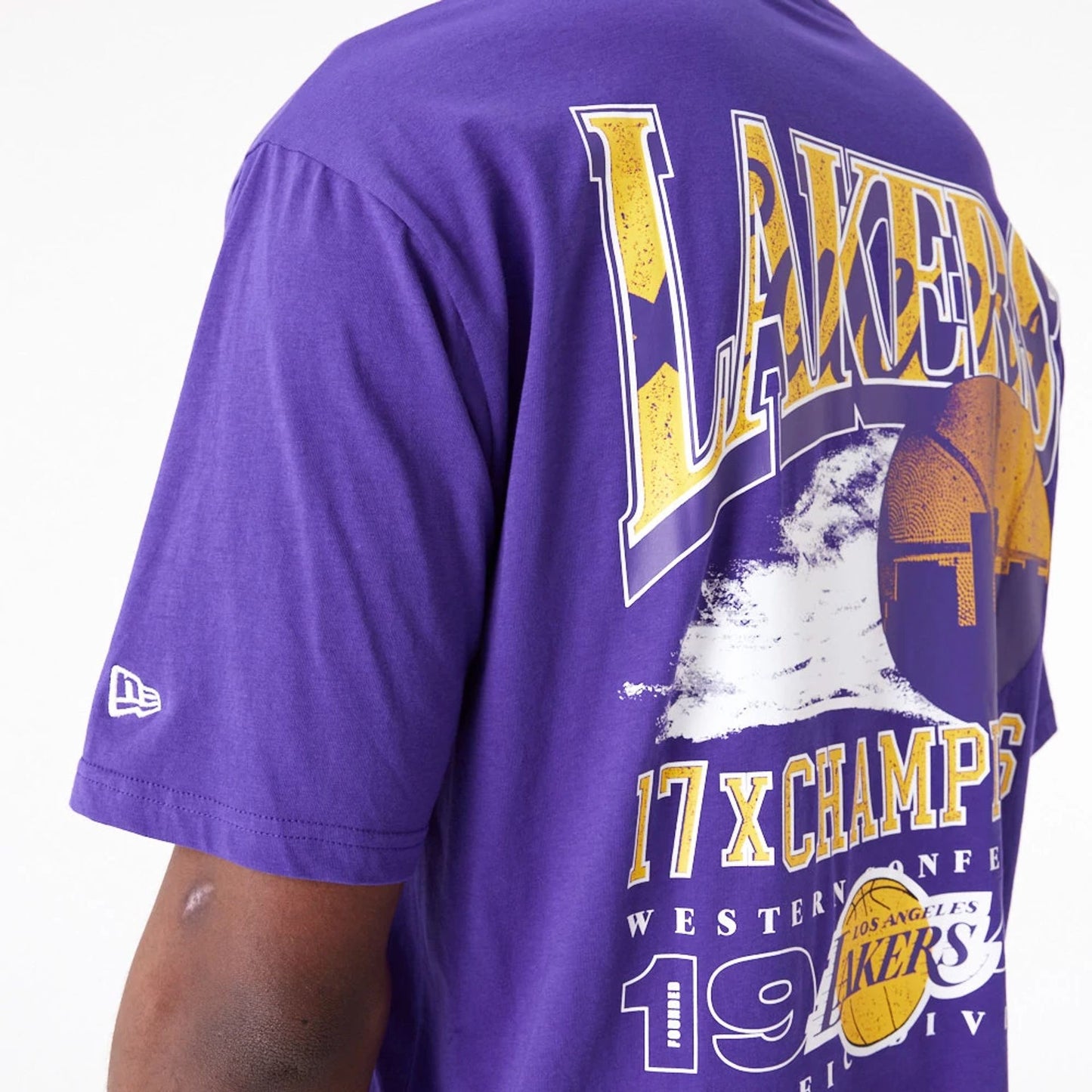 The Male model is wearing LA Lakers NBA Championship Purple Oversized T-Shirt 4