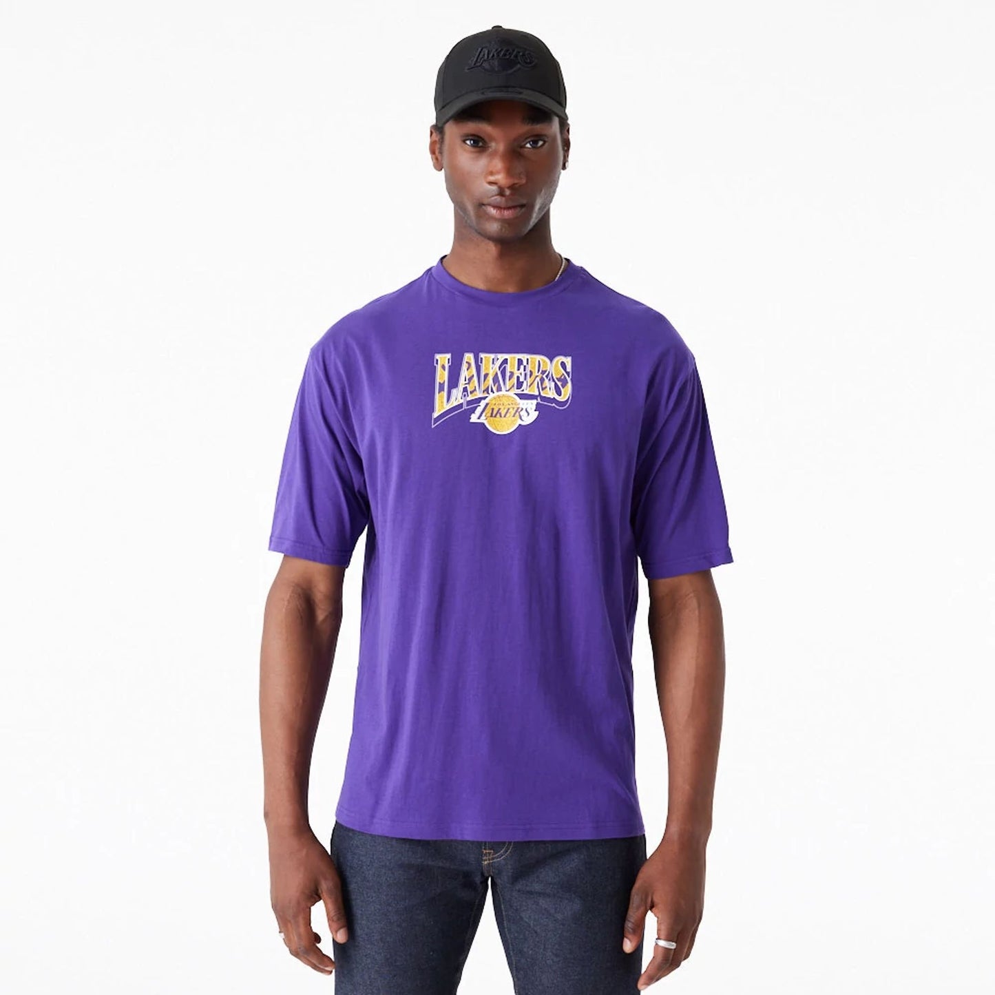 The Male model is wearing LA Lakers NBA Championship Purple Oversized T-Shirt 1