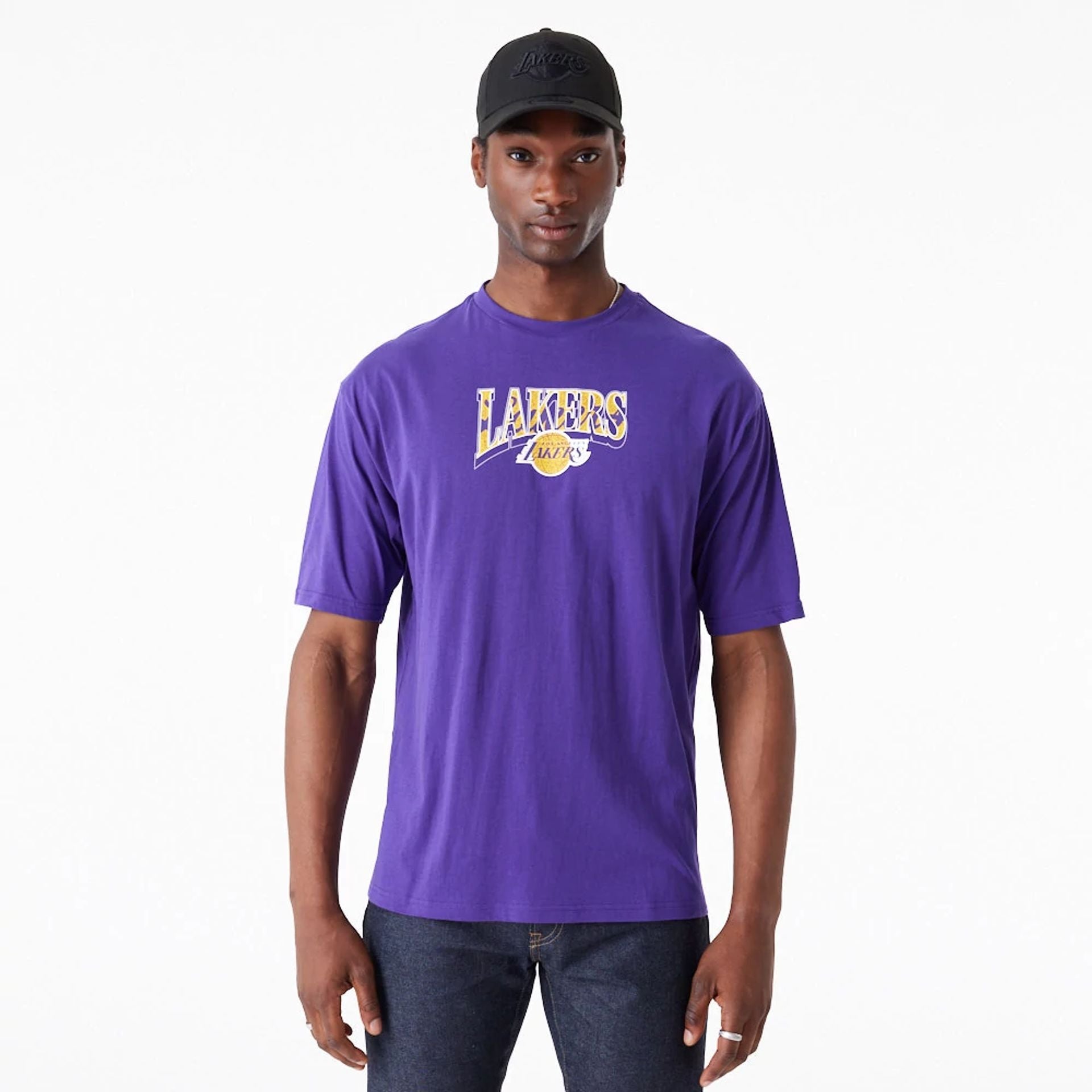 The Male model is wearing LA Lakers NBA Championship Purple Oversized T-Shirt 1