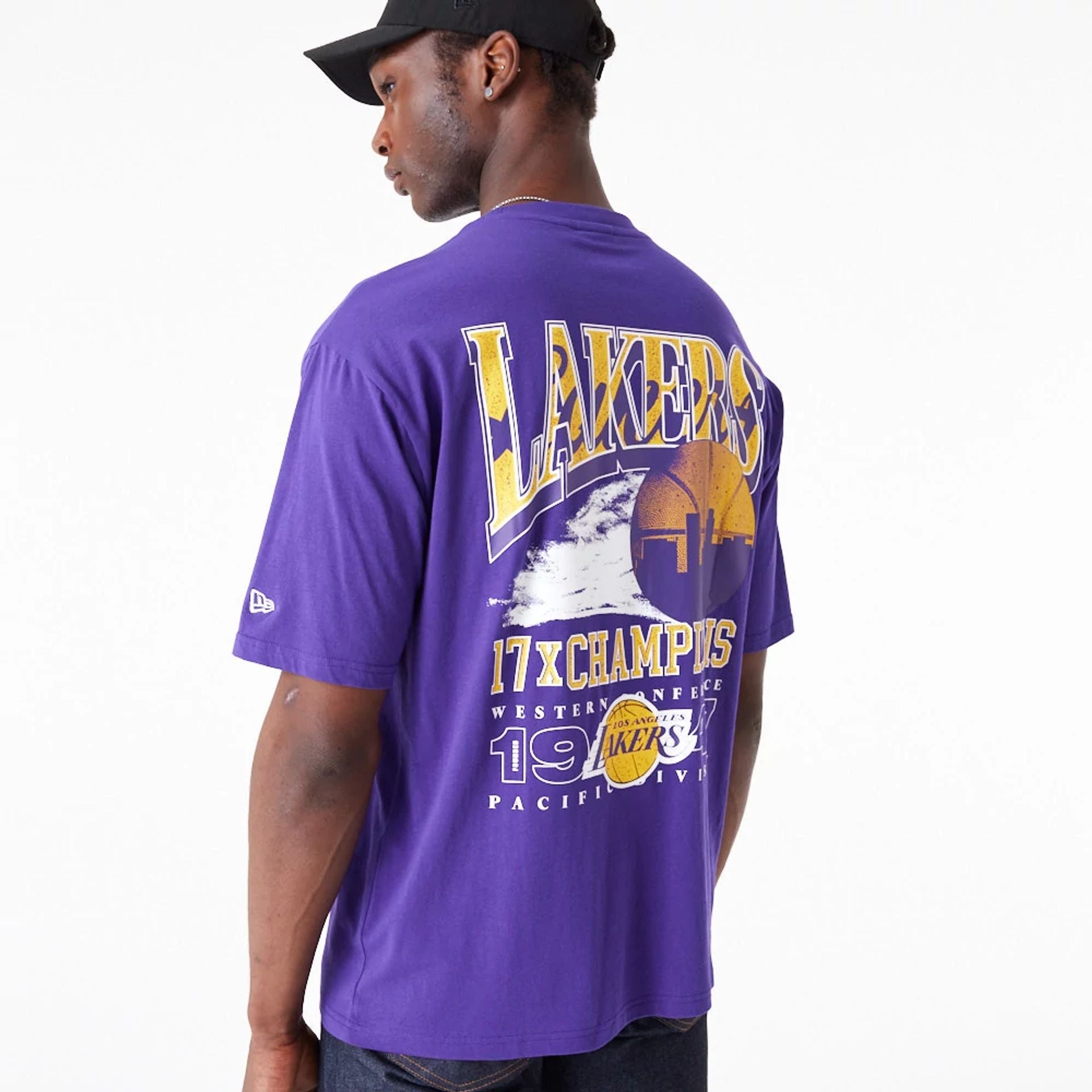 The Male model is wearing LA Lakers NBA Championship Purple Oversized T-Shirt 6