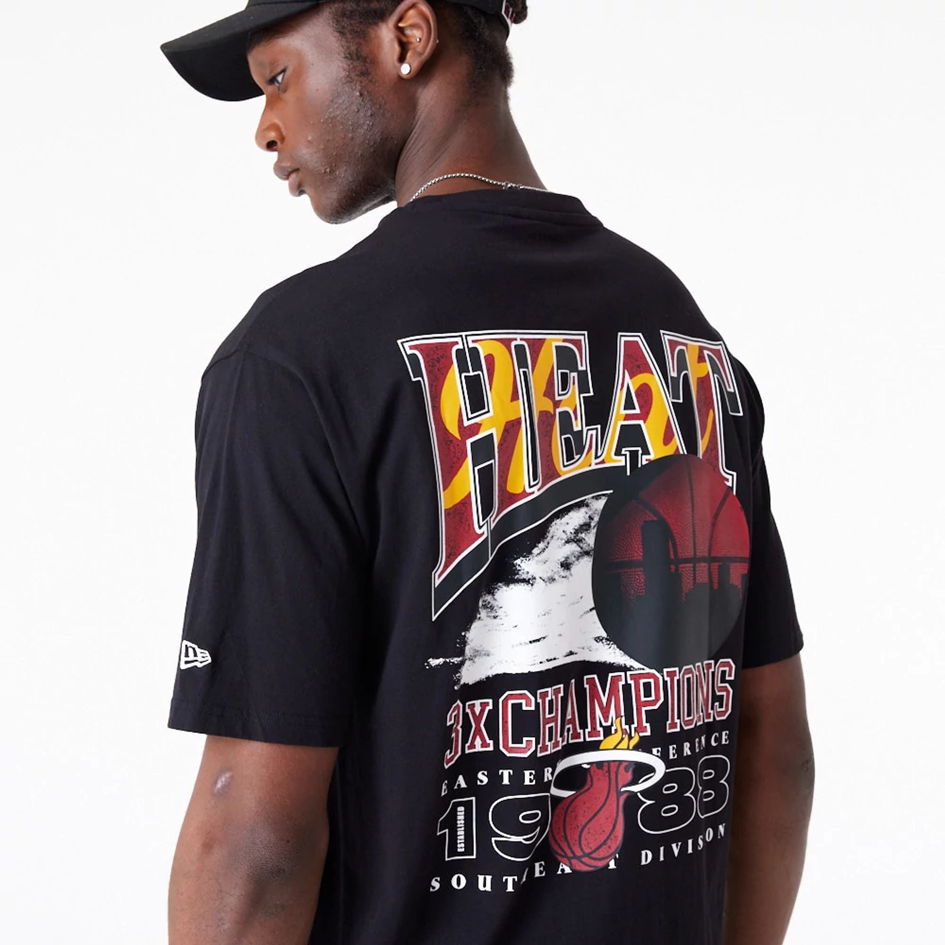 The Male model is wearing Miami Heat NBA Championship Black Oversized T-Shirt 6