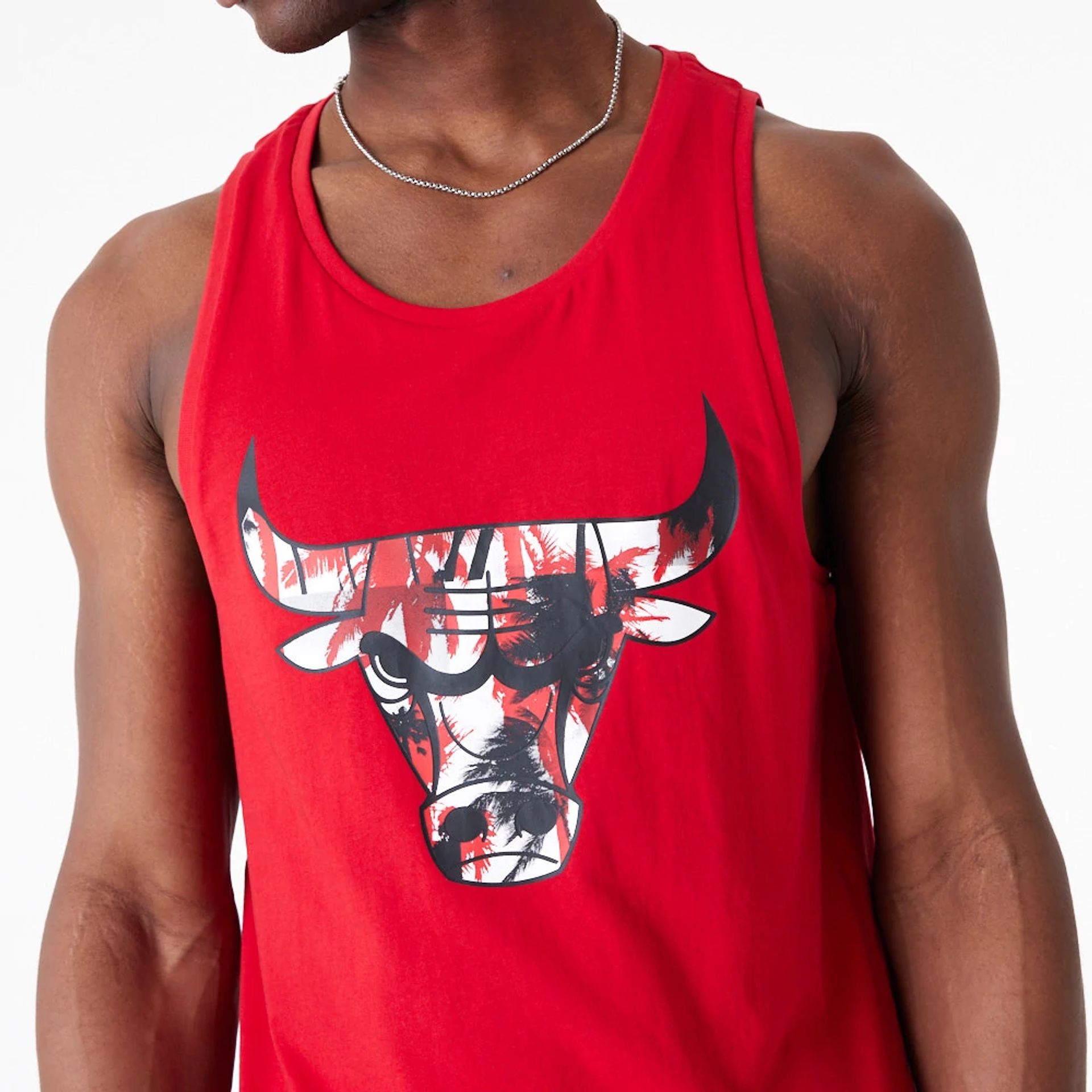 The Male model is wearing Chicago Bulls NBA Palm Tree Infill Red Tank Top 1