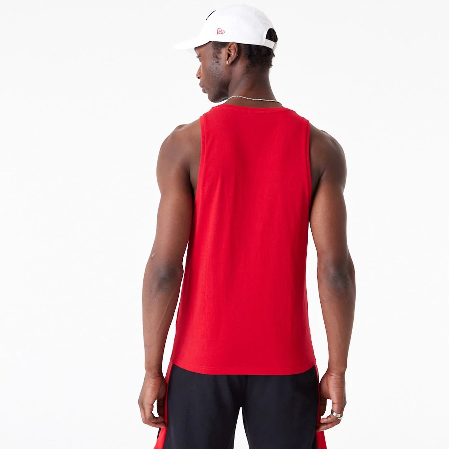 The Male model is wearing Chicago Bulls NBA Palm Tree Infill Red Tank Top 5