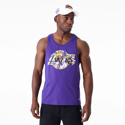 The Male model is wearing LA Lakers NBA Palm Tree Infill Purple Tank Top 1