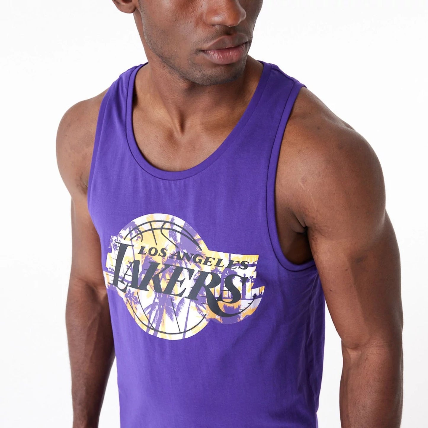 The Male model is wearing LA Lakers NBA Palm Tree Infill Purple Tank Top 3