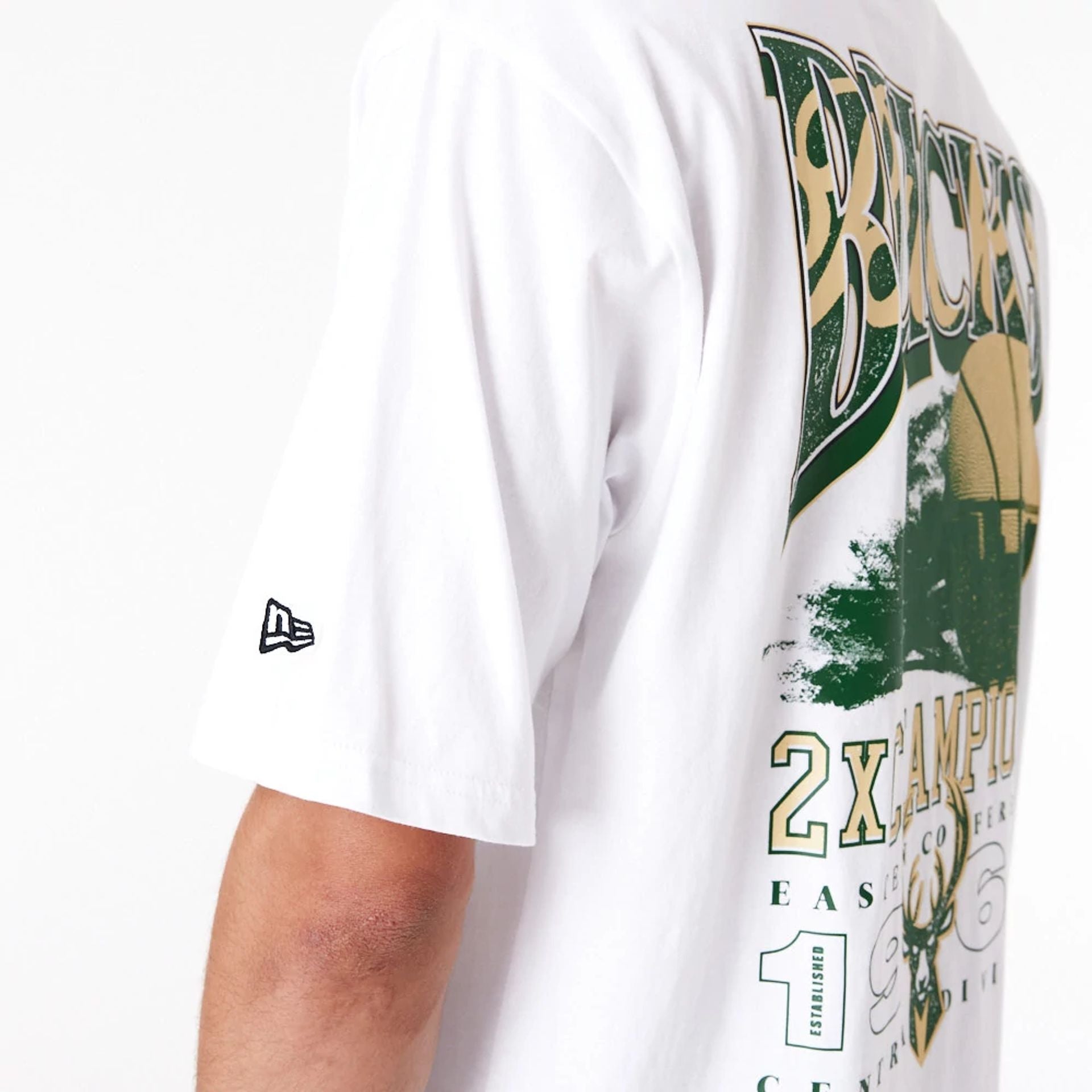 The Male model is wearing Milwaukee Bucks NBA Championship White Oversized T-Shirt 3