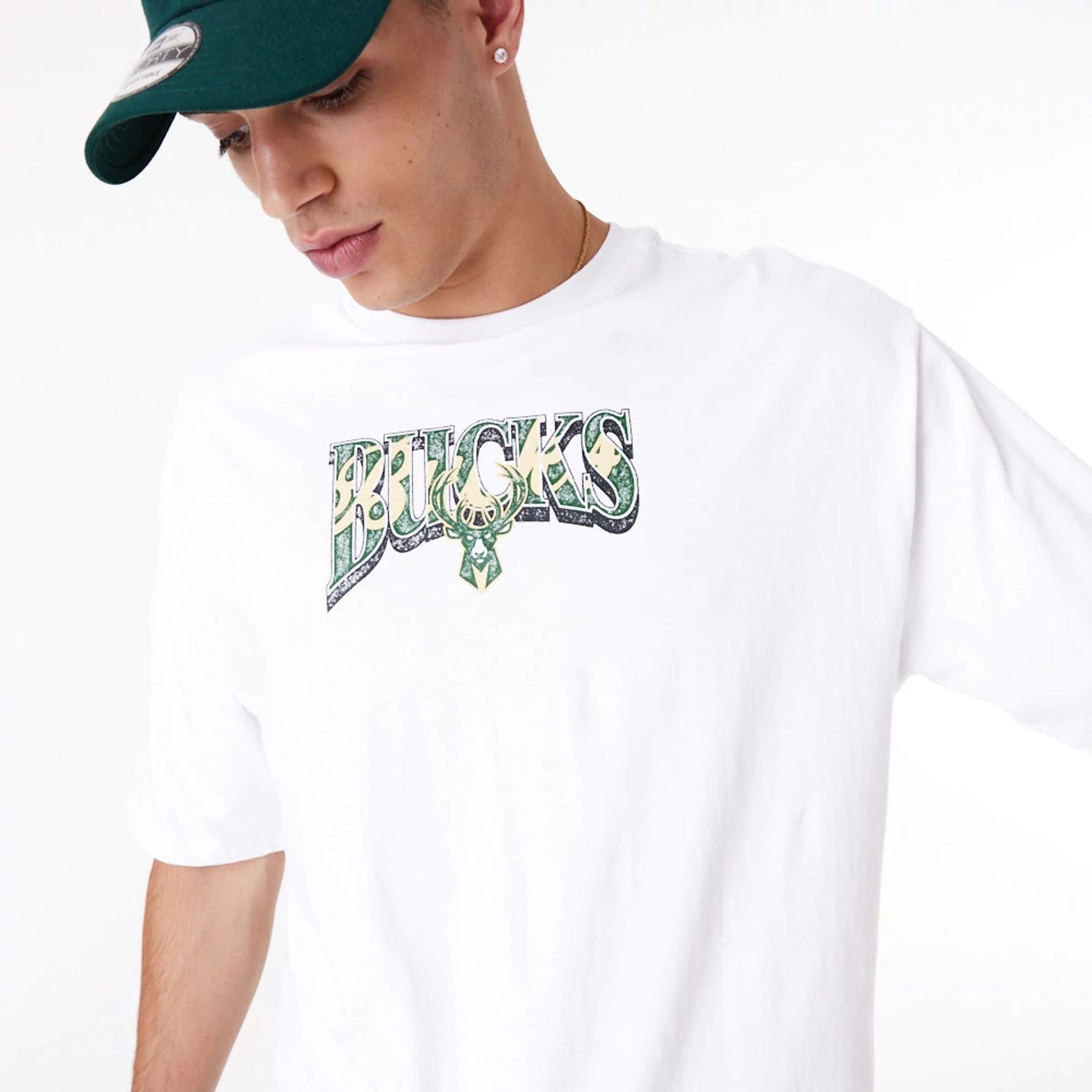 The Male model is wearing Milwaukee Bucks NBA Championship White Oversized T-Shirt 6