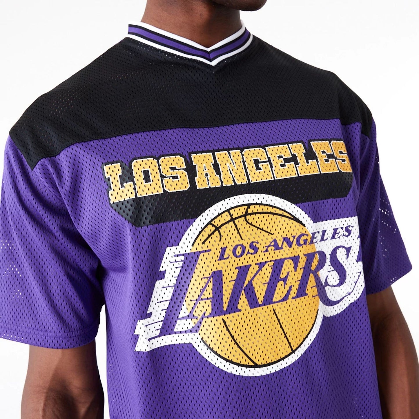 The Male model is wearing LA Lakers NBA Arch Graphic Jersey Purple T-Shirt 5