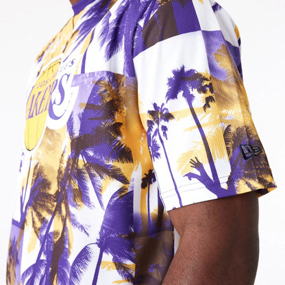 The Male model is wearing LA Lakers NBA Palm Tree Mesh Dark Yellow T-Shirt 5