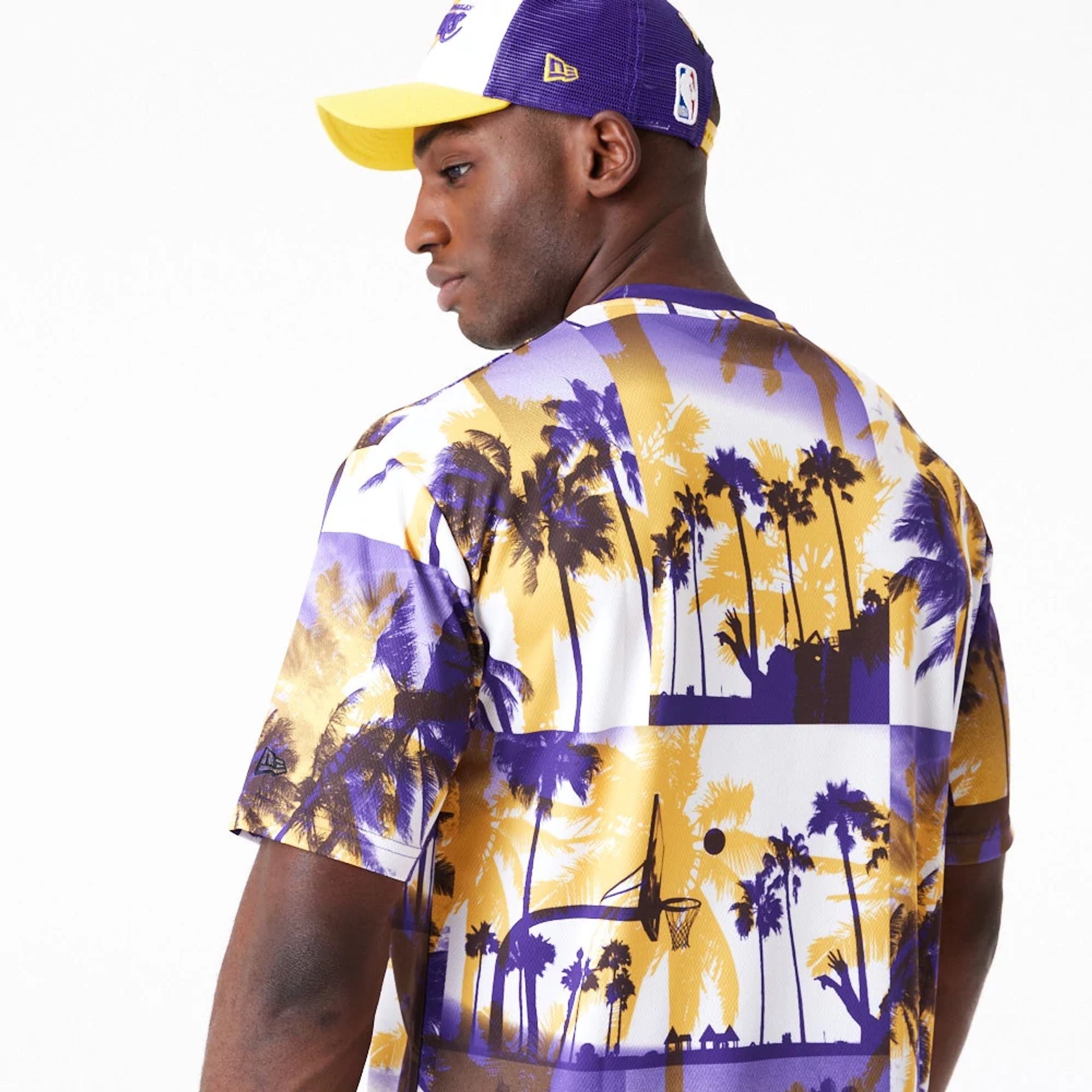 The Male model is wearing LA Lakers NBA Palm Tree Mesh Dark Yellow T-Shirt 6